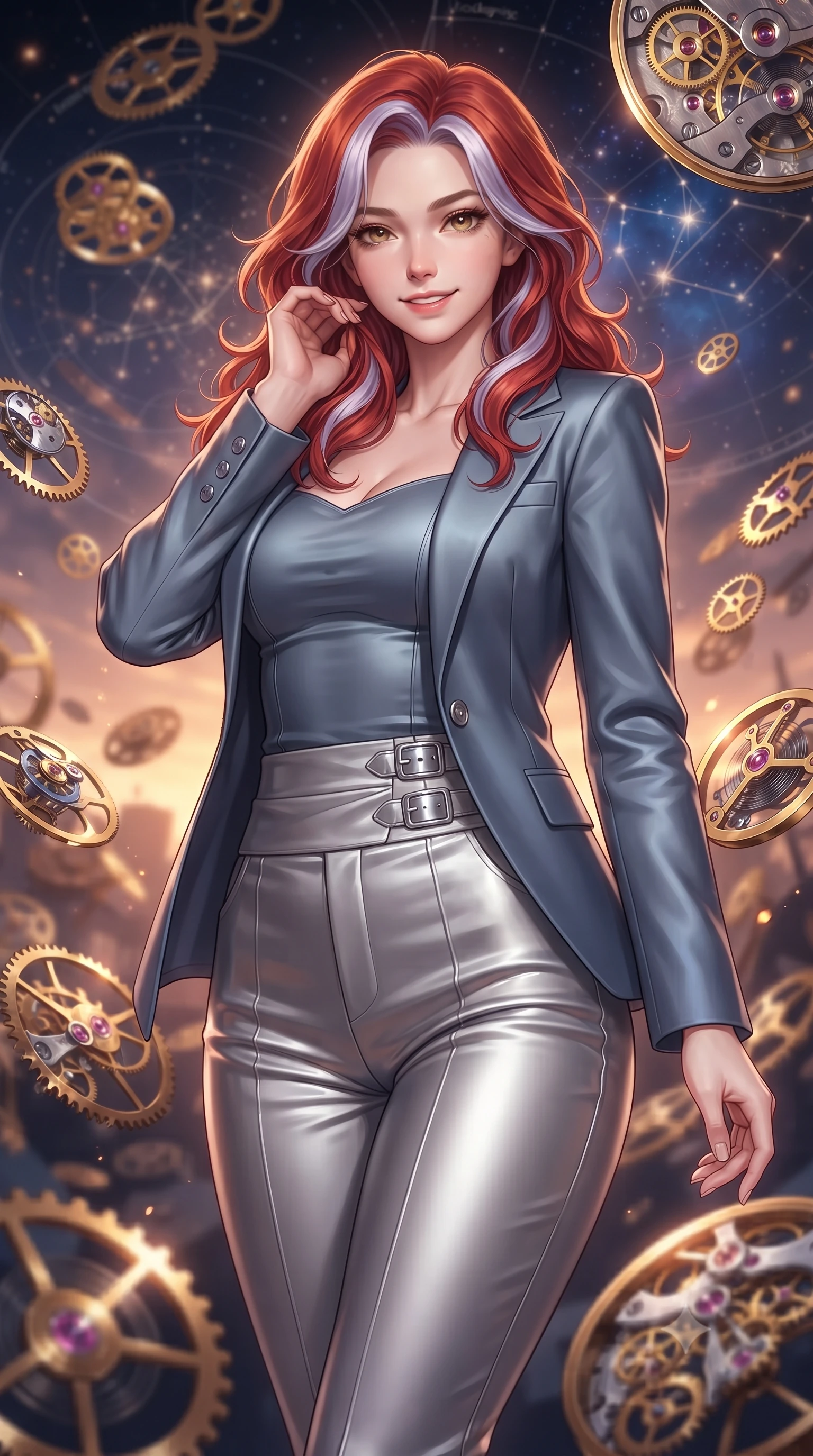 score_9, masterpiece, best quality, ultra-detailed, high-budget anime keyframe, editorial fashion photography, tasteful artistic composition, Caucasian woman. close-up cowboy shot from the waist and thighs up, the character dominates the composition, filling the frame with her large presence, background elements kept in soft focus. Smiling with quiet, magnetic self-assurance directly into the lens navigating a blizzard of floating analog gear parts and glowing star maps, floating brass gears and clocksprings casting intricate metallic reflections. She has an exceptionally elegant, slender, and willowy female figure with an ultra-slim waist, a gracefully sculpted slender torso, and a refined silhouette. sharp v-shaped jawline, high-bridge nose, intricate jewel-like eyes with depth, thick eyelashes, glossy lips with a natural sheen. wearing a tailored silk blazer over a form-contouring top and fitted slacks in slate blue and metallic silver, crafted from lustrous satin jersey with fluid draping, detailed with polished silver buckles along the waistline, the tailored fabric tightly following every curve of her athletic build. bathed in warm twilight amber backlighting and rich metallic specular glow. highly saturated vibrant anime colors, detailed shading with soft gradients, rich glossy textures, high-contrast stereoscopic depth, volumetric dynamic lighting, master piece, 9:16 ratio