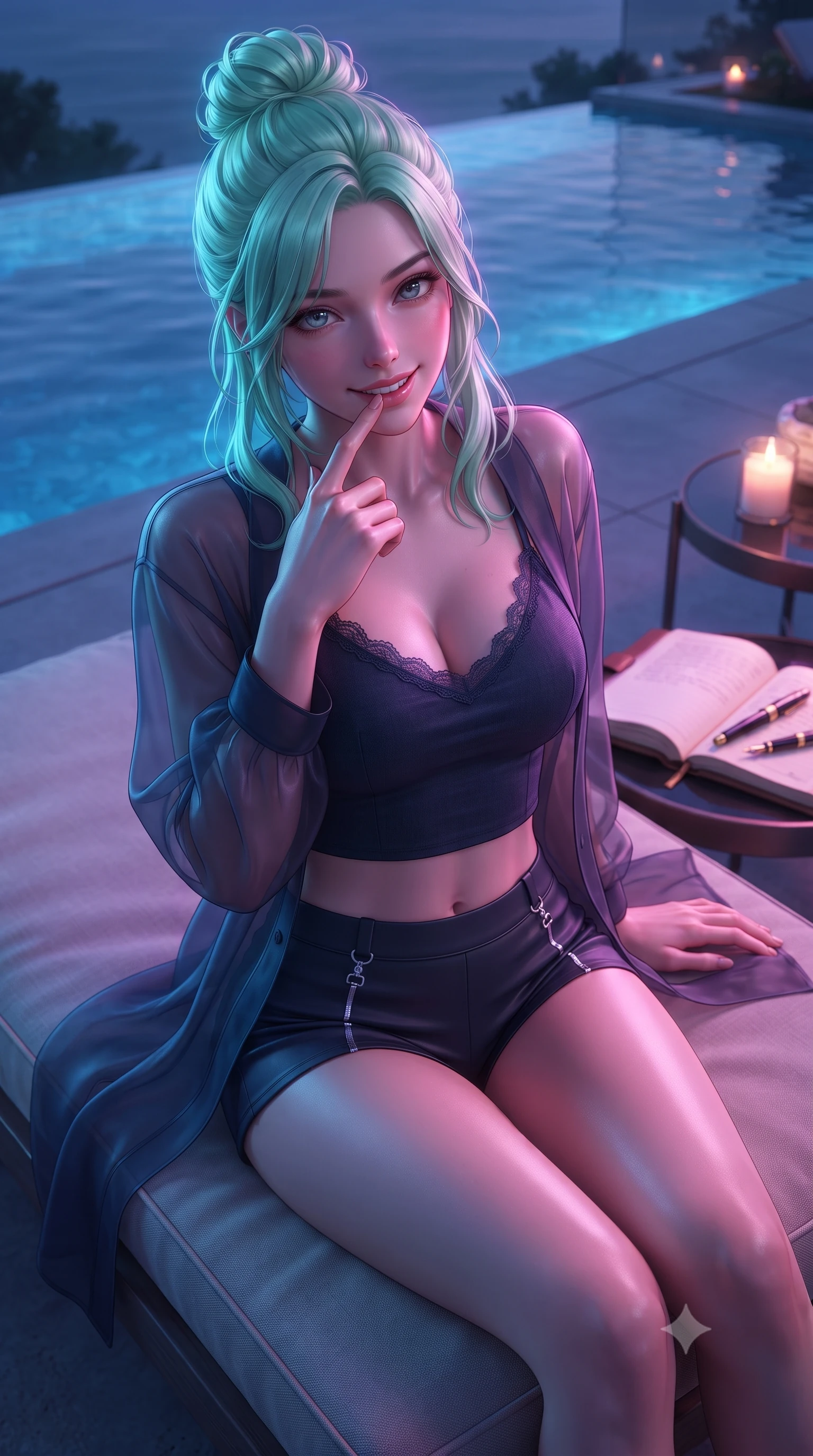 score_9, masterpiece, best quality, ultra-detailed, high-budget anime keyframe, editorial fashion photography, tasteful artistic composition, Japanese woman. close-up cowboy shot from the waist and thighs up, the character dominates the composition, filling the frame with her large presence, background elements kept in soft focus. gently touching her lower lip with one finger, looking up at the viewer with a deeply charming, sultry smile set against a soft-focus background of inside an exclusive infinity pool deck with an open leather journal and a gold fountain pen sitting next to a candle. She has an exceptionally elegant, slender, and willowy female figure with an ultra-slim waist, a gracefully sculpted slender torso, and a refined silhouette. sharp v-shaped jawline, high-bridge nose, intricate jewel-like eyes with depth, thick eyelashes, glossy lips with a natural sheen. wearing slim-fit midnight navy soft linen delicate lace-trim crop top worn under a sheer organza cardigan with high-waist micro-shorts accented with delicate silver hardware. drenched in dramatic neon rim-lighting that traces the sleek contours of her figure. ultra-reflective glossy finish, specular highlights, metallic sheen, high-contrast stereoscopic depth, volumetric dynamic lighting, 2k, ultra detail, master piece, 9:16 ratio