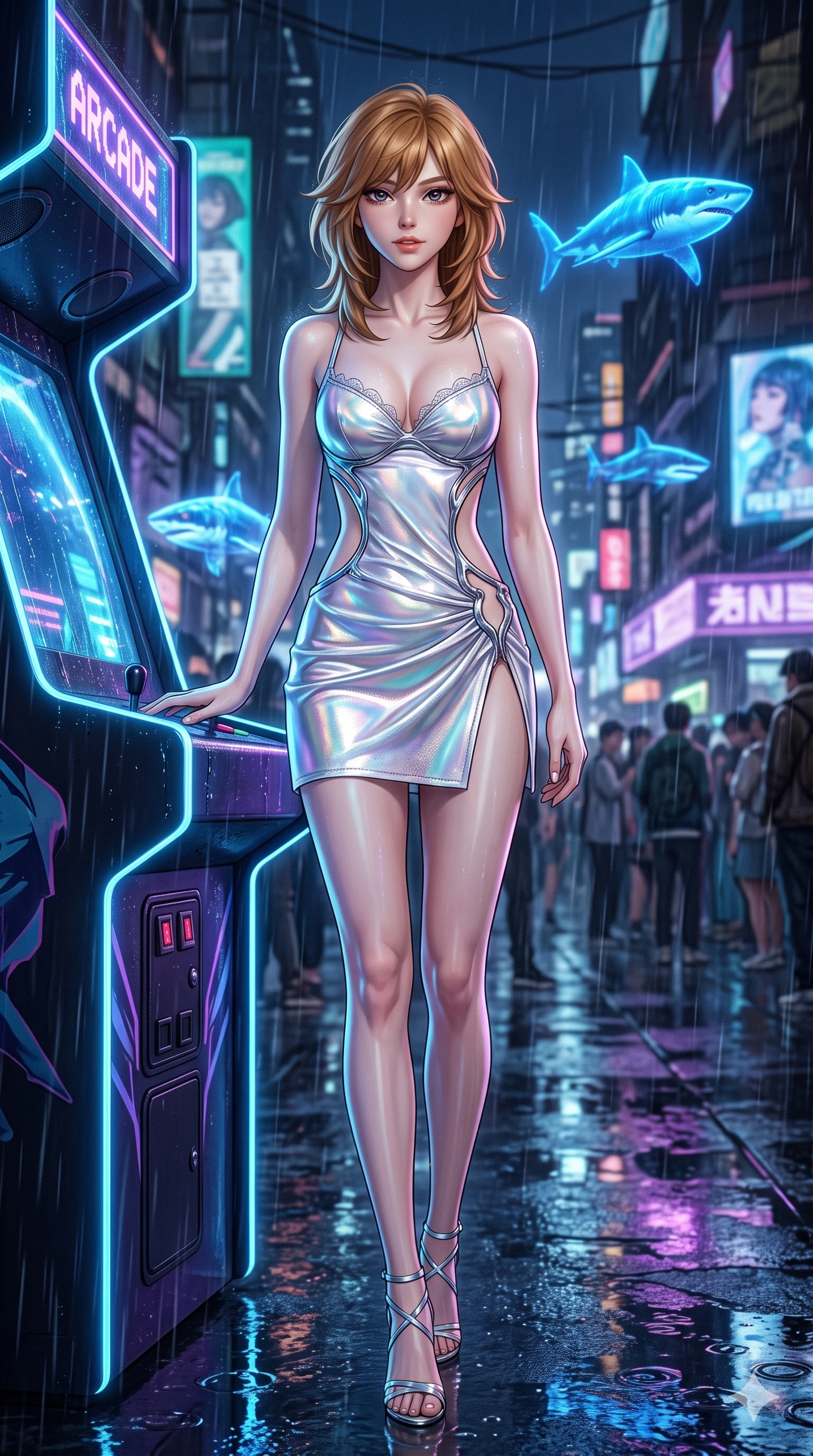 score_9, masterpiece, best quality, ultra-detailed, high-budget anime keyframe, editorial fashion photography, tasteful artistic composition, Korean woman. low angle full-body shot from head to toe showing her feet, filling the entire 9:16 vertical frame with her statuesque presence, stretching her vertical silhouette. stepping slowly toward the camera with hypnotic grace, hips swaying in an alluring sensual rhythm that accentuates her curvy hourglass silhouette and long slender legs while leaning against the glowing arcade console with hips cocked back, watching holographic blue sharks swim through the rain with smoldering bedroom-eyes. The surrounding environment is rendered in vivid detail and crisp panoramic clarity: detailed garment drape, second-skin fit, and bustling futuristic streetscape in high resolution. She has an exceptionally tall and slender model-like 8.5-heads proportion, an ultra-slim waist, a flat toned midriff, narrow delicate ribcage, and beautifully sculpted feminine hips creating a graceful, slim hourglass silhouette without any bulky heaviness, with impossibly long slender legs. sharp v-shaped jawline, high-bridge nose, intricate jewel-like sparkling eyes with depth, thick eyelashes, glossy parted lips with a natural peach sheen, bright cheerful beaming smile with an enchanting and coquettish sensual glint, exuding both youthful cute charm and seductive allure, flawlessly proportioned anatomical accuracy, strict slender model proportions, natural body alignment, perfectly sculpted long slender limbs, ultra-slim waistline, clean dynamic posture without body distortion. wearing a provocative open-waist cutout mini dress framed by sculptural chrome hardware and thigh-high slit in iridescent mother-of-pearl and liquid molten silver, crafted from stretch micro-mesh with liquid foil coating that shimmers with every movement, finished with scalloped eyelash lace trim framing her sweetheart neckline with intimate elegance, the impeccably tailored cut draping gracefully along her slender figure with aristocratic poise. illuminated by puddle reflection bounce and sharp neon-blue rim lights defining her jawline, narrow waist, and curvy hips. ultra-reflective glossy finish, specular highlights, rich textural contrasts, high-contrast stereoscopic depth, volumetric dynamic lighting, 2k, ultra detail, master piece, 9:16 ratio
