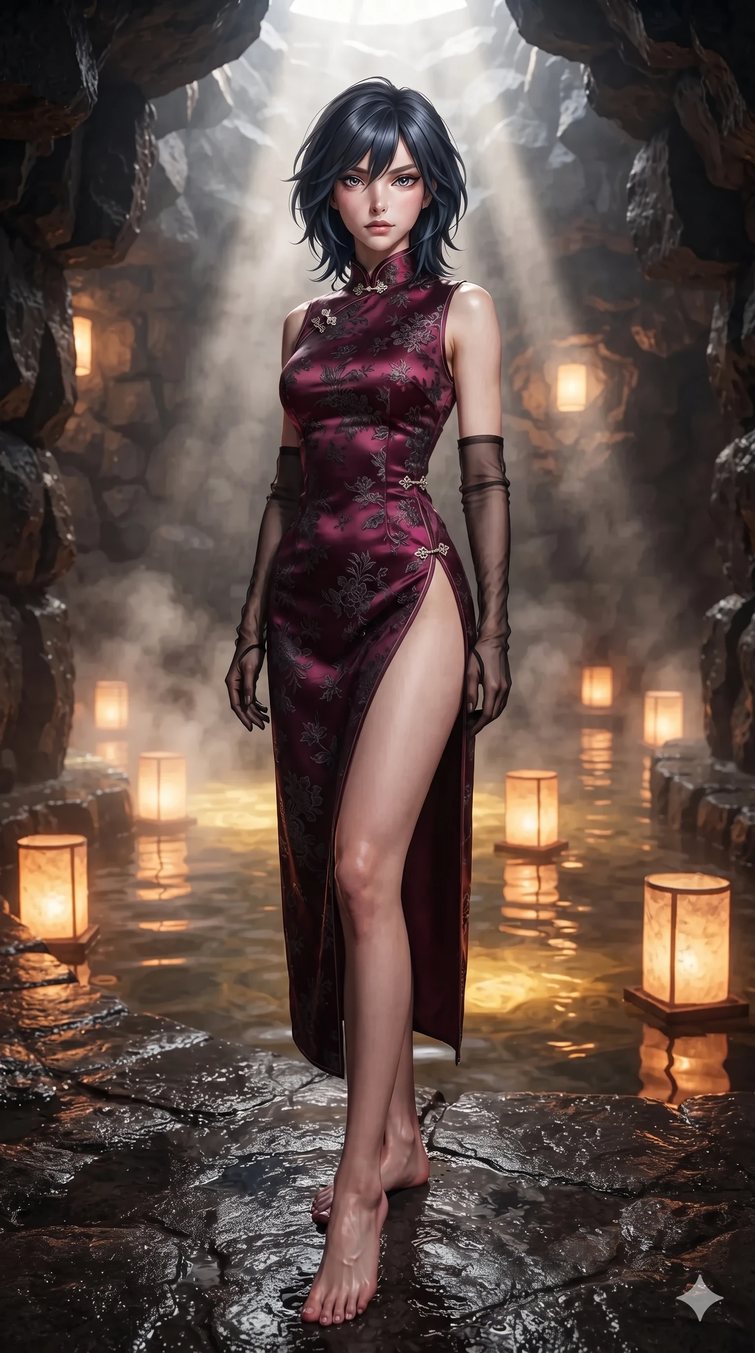 score_9, masterpiece, best quality, ultra-detailed, high-budget anime keyframe, editorial fashion photography, tasteful artistic composition, Caucasian woman. low angle full-body shot from head to toe showing her feet, filling the entire 9:16 vertical frame with her statuesque presence, stretching her vertical silhouette. sitting on the black basalt rock rim of the steaming geothermal lagoon, water droplets beading on her flat midriff and curvy hips while standing poised beside the steaming thermal plunge pool, arching her spine with ethereal siren poise as warm amber lantern light washes over her. The background shows a soft-focus subterranean spa humidity softened in basalt thermal grotto shallow focus. She has an exceptionally tall and slender model-like 8.5-heads proportion, an ultra-slim waist, a flat toned midriff, narrow delicate ribcage, and beautifully sculpted feminine hips creating a graceful, slim hourglass silhouette without any bulky heaviness, with impossibly long slender legs. sharp v-shaped jawline, high-bridge nose, intricate jewel-like sparkling eyes with depth, thick eyelashes, glossy parted lips with a natural sheen, intensely captivating and seductive bedroom-eyes expression, exuding both youthful cute charm and sovereign luxury allure, flawlessly proportioned anatomical accuracy, strict slender model proportions, natural body alignment, perfectly sculpted long slender limbs, ultra-slim waistline, clean dynamic posture without body distortion. wearing an alluring high-slit wrap cheongsam secured by miniature jeweled clasps and revealing the curve of her hip in deep wine burgundy and brushed dark platinum, crafted from stretch micro-mesh with liquid foil coating that shimmers with every movement, complemented by sheer opera-length evening gloves tracing her slender arms, the high-slit wrap tailoring accentuating her ultra-slim waistline and the enchanting curve of her feminine hips with alluring seductive charm. bathed in the rich, intimate 2400K golden radiance of floating washi paper lanterns and underwater pool glow. ultra-reflective glossy finish, specular highlights, rich textural contrasts, high-contrast stereoscopic depth, volumetric dynamic lighting, 2k, ultra detail, master piece, 9:16 ratio