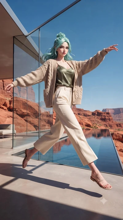 score_9, masterpiece, best quality, ultra-detailed, high-budget anime keyframe, editorial fashion photography, tasteful artistic composition, Japanese woman. low angle full-body shot from head to toe showing her feet, filling the entire 9:16 vertical