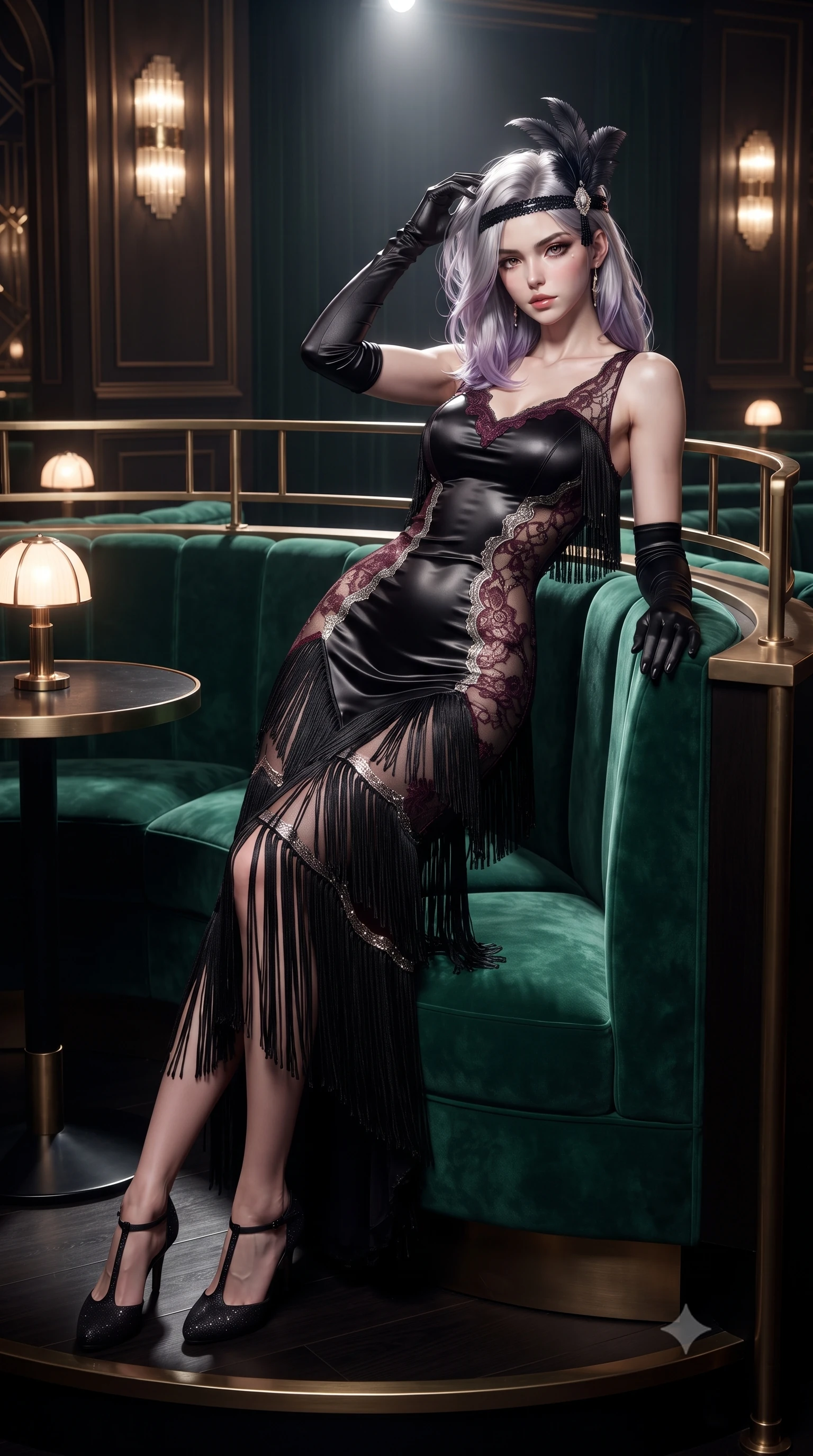 score_9, masterpiece, best quality, ultra-detailed, high-budget anime keyframe, editorial fashion photography, tasteful artistic composition, Caucasian woman. low angle full-body shot from head to toe showing her feet, filling the entire 9:16 vertical frame with her statuesque presence, stretching her vertical silhouette. leaning deep against the structural architecture with hips cocked in an unapologetically bold, seductive high-fashion stance while lounging languidly in a circular VIP booth of emerald velvet, running fingers through her glossy hair as jazz music drifts. The surrounding environment is rendered in vivid detail and crisp panoramic clarity. luxurious vintage chiaroscuro and glamorous Great Gatsby nightlife aesthetics rendered with precision. She has an absolutely perfect, statuesque 8.5-heads proportion, an exceptionally tall and slender model-like female figure with impossibly long slender legs, a toned flat midriff, an ultra-slim waist, and beautifully sculpted feminine hips. sharp v-shaped jawline, high-bridge nose, intricate jewel-like eyes with depth, thick eyelashes, glossy parted lips with a natural sheen, intensely captivating and seductive bedroom-eyes expression, flawlessly proportioned anatomical accuracy, strict slender model proportions, natural body alignment, perfectly sculpted long slender limbs, ultra-slim waistline, clean dynamic posture without body distortion. wearing a second-skin black silk jersey flapper gown with sheer lace side panels tracing her curves in wine burgundy and shimmering silver, woven from airy multi-layered silk chiffon with tiered fringe tassels, accessorized with opera-length black satin gloves and a feathered art deco headband, the form-contouring material adhering flawlessly to her sculpted flat midriff and slender torso, emphasizing her long leg lines and perfectly proportioned willowy build. surrounded by an opulent, scandalous, and irresistibly intoxicating jazz-age siren aura. ultra-reflective glossy finish, specular highlights, rich textural contrasts, high-contrast stereoscopic depth, volumetric dynamic lighting, 2k, ultra detail, master piece, 9:16 ratio