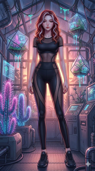 score_9, masterpiece, best quality, ultra-detailed, high-budget anime keyframe, Korean woman. low angle full-body shot filling the entire 9:16 frame with her statuesque presence, stretching the vertical silhouette. standing in a retro-futuristic synt