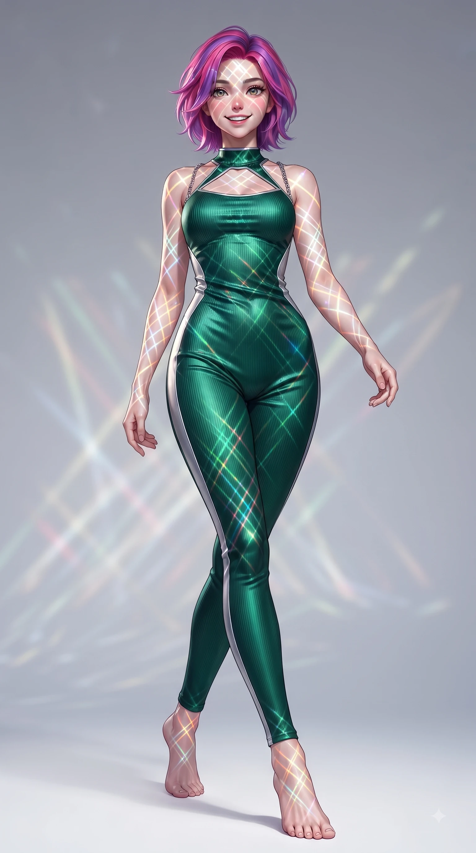score_9, masterpiece, best quality, ultra-detailed, high-budget anime keyframe, editorial fashion photography, tasteful artistic composition, Caucasian woman. low angle full-body shot from head to toe showing her feet, filling the entire 9:16 vertical frame with her statuesque presence, stretching her vertical silhouette. stepping forward in a proud dynamic stride with a cheerful beaming smile, her vertical silhouette filling the frame while pivoting her torso in a dynamic S-curve alignment as light threads pulse with happiness, intricate geometric lattice patterns of bright light projected onto her skin. She has an absolutely perfect, statuesque 8.5-heads proportion, an exceptionally tall and slender model-like female figure with impossibly long slender legs and an ultra-slim waist. sharp v-shaped jawline, high-bridge nose, intricate jewel-like eyes with depth, thick eyelashes, glossy lips with a natural sheen, flawlessly proportioned anatomical accuracy, natural body alignment, perfectly sculpted elegant limbs, clean dynamic posture without body distortion. wearing a form-fitting ribbed activewear set with elegant collar cutouts in deep emerald green and silver accent, crafted from lustrous satin jersey with fluid draping, adorned with delicate metallic chain straps along the neckline, the form-contouring material highlighting her ultra-slim waist and long lines. bathed in sharp geometric laser grid highlights and soft airy ambient fill. ultra-reflective glossy finish, specular highlights, metallic sheen, high-contrast stereoscopic depth, volumetric dynamic lighting, 2k, ultra detail, master piece, 9:16 ratio