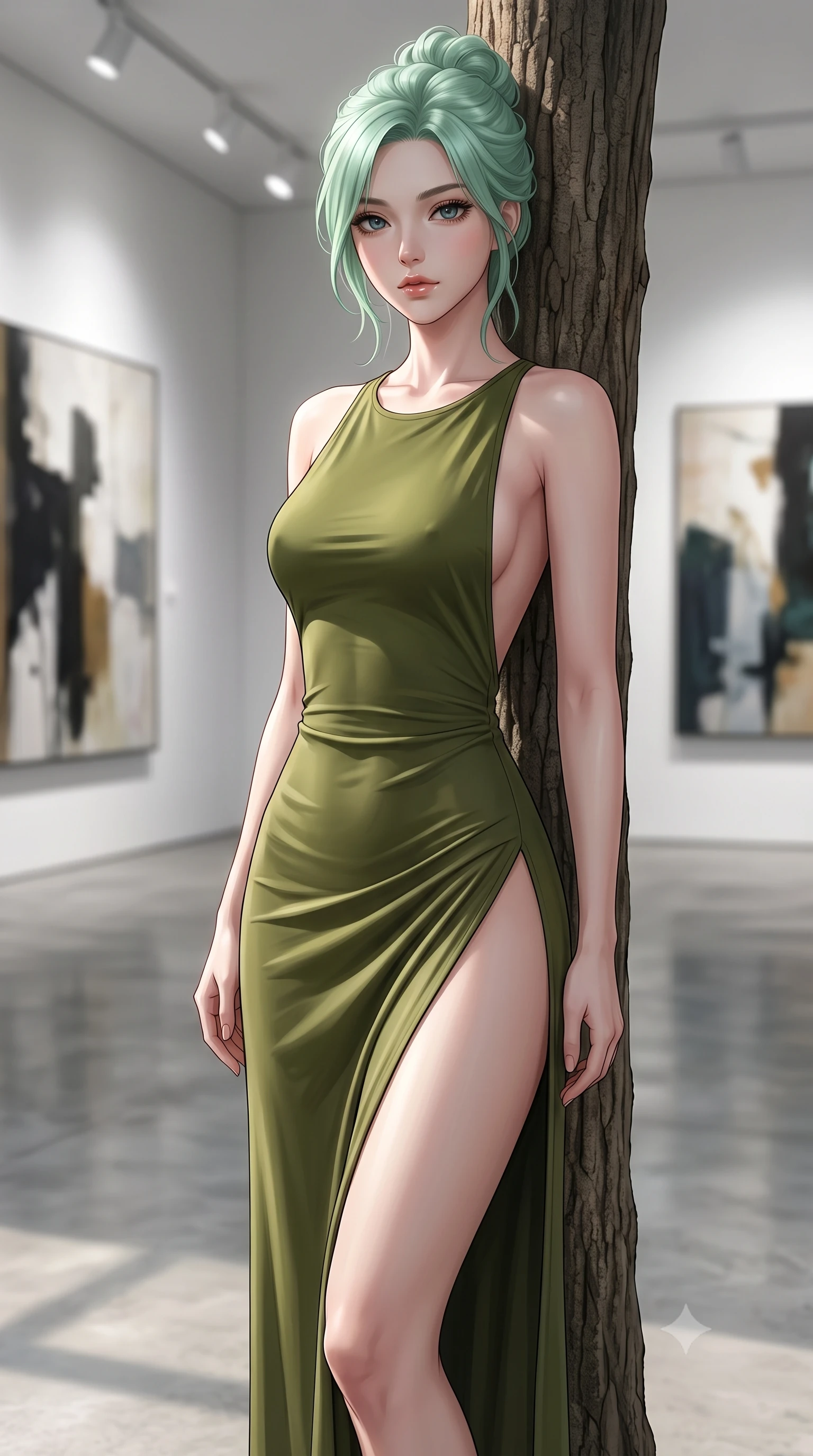 score_9, masterpiece, best quality, ultra-detailed, high-budget anime keyframe, editorial fashion photography, tasteful artistic composition, Japanese woman woman. close-up cowboy shot from the waist and thighs up, the character dominates the composition, filling the frame with her large presence, background elements kept in soft focus. standing relaxed against a tree trunk, sharing a quiet, serene moment with the viewer the background shows a soft-focus a minimalist gallery hall with polished concrete floors and large abstract paintings in soft focus. She has an exceptionally elegant, slender, and willowy female figure with an ultra-slim waist, a gracefully sculpted slender torso, and a refined silhouette. sharp v-shaped jawline, high-bridge nose, intricate jewel-like eyes with depth, thick eyelashes, glossy lips with a natural sheen. wearing a body-hugging dramatic open-back maxi dress in olive green, featuring a high thigh slit. clean white gallery spotlights contrasting with soft ambient shadow. 2k, ultra detail, master piece, 9:16 ratio