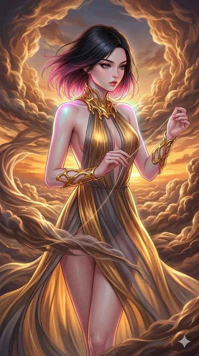 score_9, masterpiece, best quality, ultra-detailed, high-budget anime keyframe, Korean woman. upper body close-up from the thighs up, character filling the screen for maximum presence. threading through a volumetric cloud weave where storm clouds are
