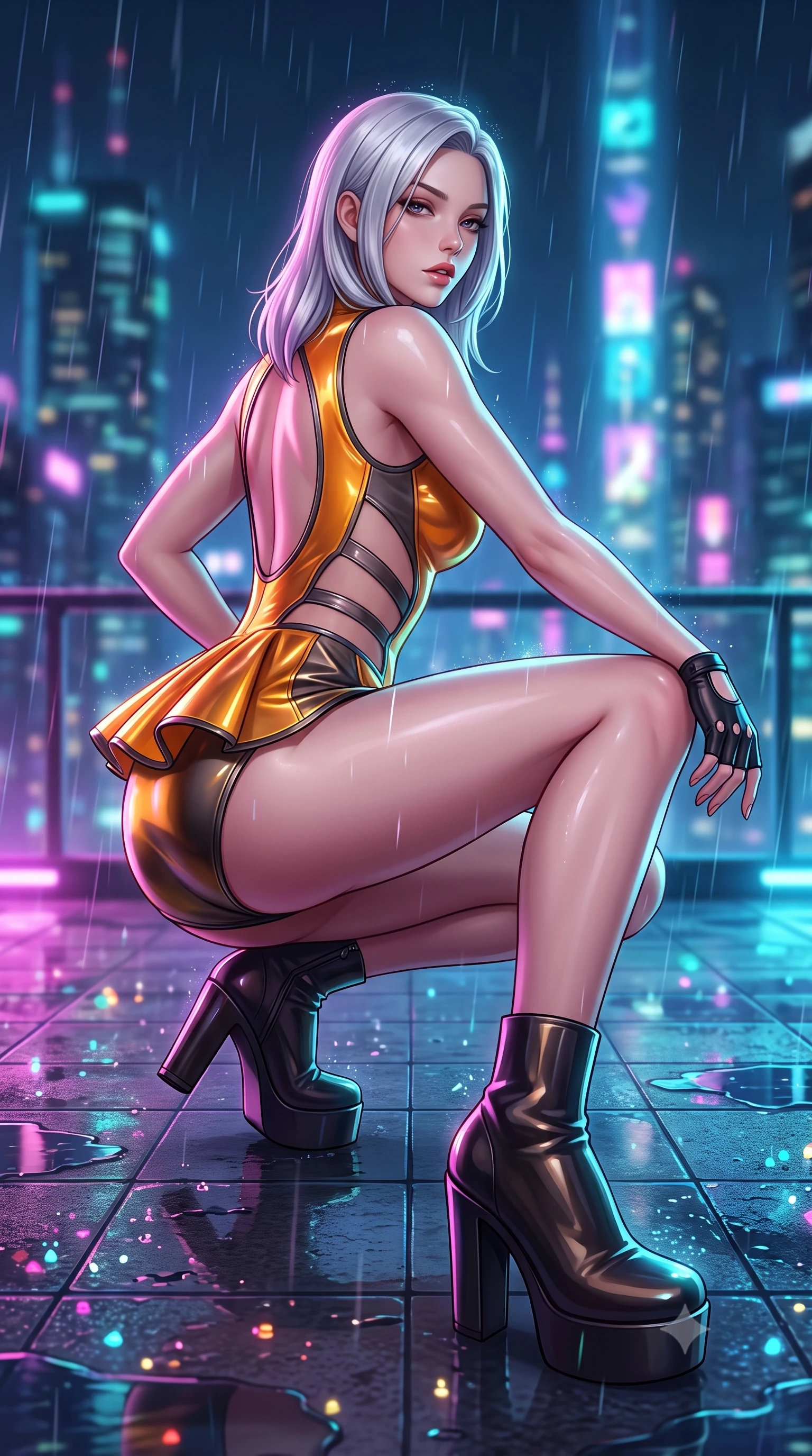 score_9, masterpiece, best quality, ultra-detailed, high-budget anime keyframe, semi-realistic 3D game render, editorial fashion photography, tasteful artistic composition, Caucasian woman. low angle full-body shot from head to toe showing her feet, filling the entire 9:16 vertical frame with her statuesque presence, stretching her vertical silhouette. striding forward in a proud supermodel runway stride, hips swaying in an alluring kinetic rhythm that accentuates her curvy hourglass silhouette while crouching low on the wet tiled rooftop terrace with back turned slightly to the lens, glancing back with smoldering bedroom-eyes and parted lips. The composition keeps background elements in soft focus with creamy bokeh. falling raindrops and neon puddle reflections scattering vivid chromatic light motes across the deck. She has an absolutely perfect, statuesque 8.5-heads proportion, an exceptionally tall and slender model-like female figure with impossibly long slender legs, a toned flat midriff, an ultra-slim waist, and beautifully sculpted feminine hips. sharp v-shaped jawline, high-bridge nose, intricate jewel-like eyes with depth, thick eyelashes, glossy parted lips with a natural sheen, intensely captivating and seductive bedroom-eyes expression, flawlessly proportioned anatomical accuracy, strict slender model proportions, natural body alignment, perfectly sculpted long slender limbs, ultra-slim waistline, clean dynamic posture without body distortion. wearing a structural geometric peplum cheongsam with sheer side-ribbon cutouts and form-fitting skirt in glowing amber-gold and dark graphite, tailored from second-skin aerodynamic stretch vinyl with specular wet sheen, accessorized with bold platform boots and fingerless leather gloves, the precision-cut side openings and low-back scoop framing her graceful spine and the sensual sweep of her hips. surrounded by an enigmatic, sultry, and breathtakingly hypnotic cyber-femme fatale aura. highly saturated vibrant anime colors, detailed shading with soft gradients, rich glossy textures, high-contrast stereoscopic depth, volumetric dynamic lighting, master piece, 9:16 ratio