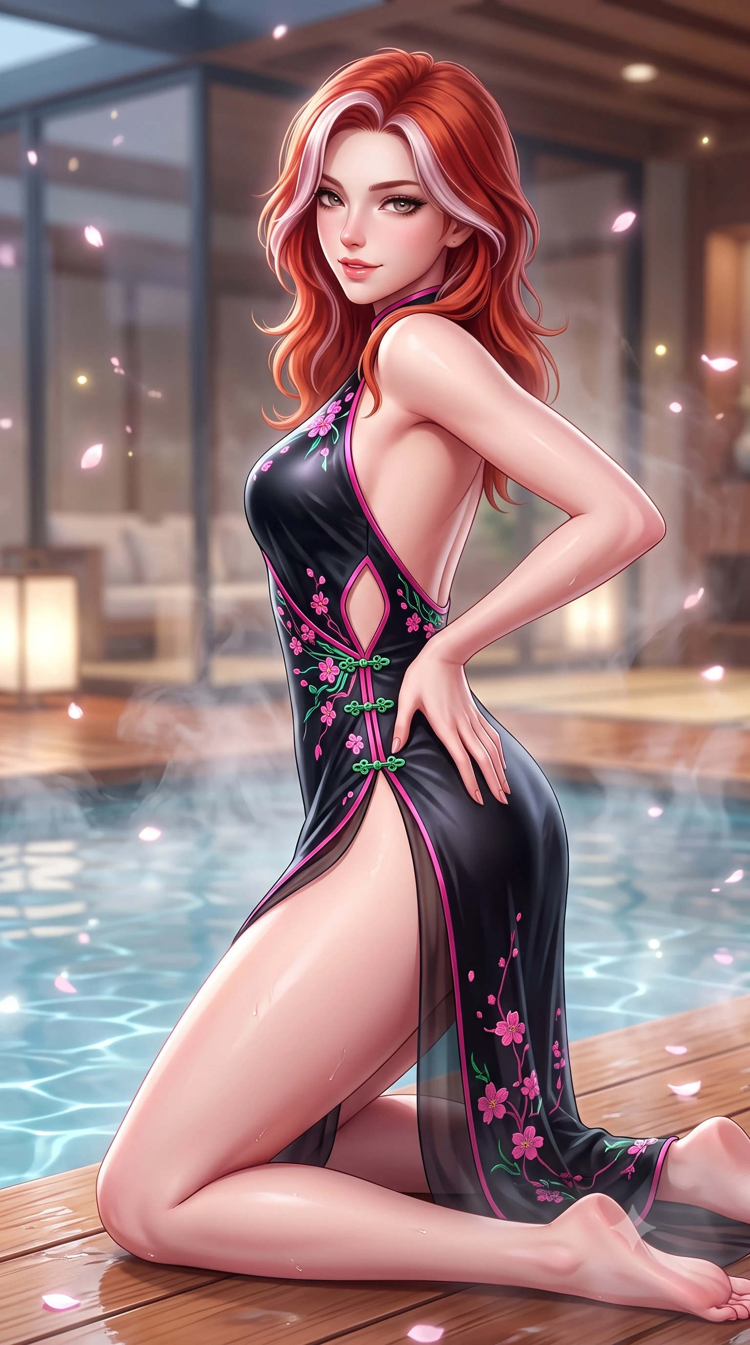 score_9, masterpiece, best quality, ultra-detailed, high-budget anime keyframe, semi-realistic 3D game render, editorial fashion photography, tasteful artistic composition, Caucasian woman. close-up cowboy shot from the waist and thighs up, the character dominates the composition, filling the frame with her large presence. turning over a bare shoulder with an intoxicating, teasing smile, her soft hair framing her sharp jawline as her hips angle gracefully while kneeling gracefully on the warm wet cedar deck, one hand resting on her bare hip as thermal steam caresses her feminine curves. The composition keeps background elements in soft focus with creamy bokeh. thermal pool ripple caustics and drifting sakura petals scattering soft luminous light motes. She has an exceptionally elegant, slender, and willowy female figure with an ultra-slim waist, a gracefully sculpted slender torso, toned flat midriff, and rounded feminine hips creating an alluring hourglass silhouette. sharp v-shaped jawline, high-bridge nose, intricate jewel-like eyes with depth, thick eyelashes, glossy parted lips with a natural sheen, intensely captivating and seductive bedroom-eyes expression, flawlessly proportioned anatomical accuracy, strict slender model proportions, natural body alignment, perfectly sculpted long slender limbs, ultra-slim waistline, clean dynamic posture without body distortion. wearing a wet-look silk fusion wrap dress with asymmetrical sheer mesh cutouts and high Mandarin collar in pitch black silk with neon cherry blossom accents, tailored from crisp ceremonial cotton and multi-layered translucent chiffon, finished with an ultra-high side slit secured by miniature jade clasps, the precision-cut side openings and low-back scoop framing her graceful spine and the sensual sweep of her hips. surrounded by an intimate, tranquil, and deeply sensual Japanese skylounge muse aura. highly saturated vibrant anime colors, detailed shading with soft gradients, rich glossy textures, high-contrast stereoscopic depth, volumetric dynamic lighting, master piece, 9:16 ratio