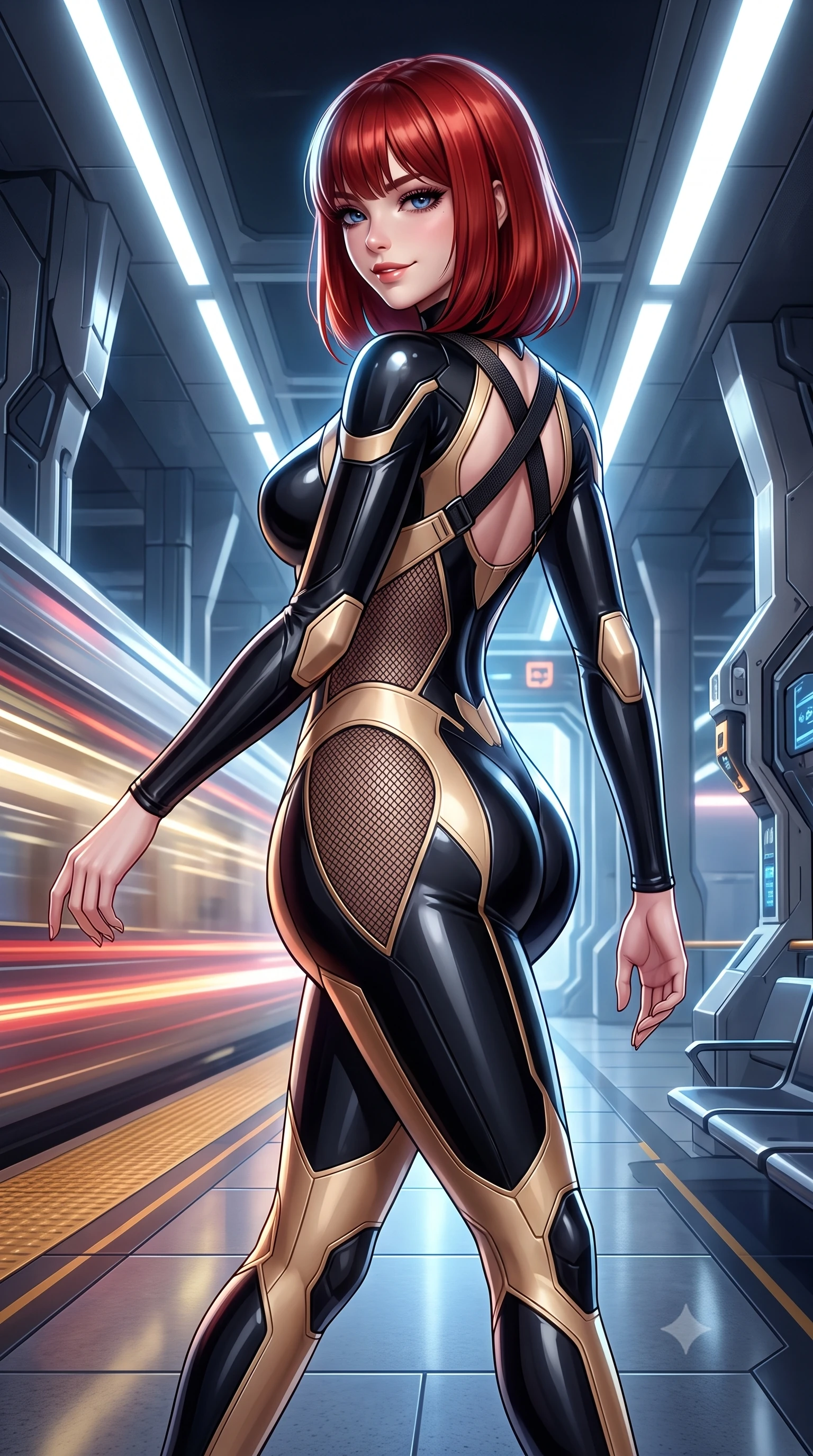 score_9, masterpiece, best quality, ultra-detailed, high-budget anime keyframe, semi-realistic 3D game render, editorial fashion photography, tasteful artistic composition, Caucasian woman. close-up cowboy shot from the waist and thighs up, the character dominates the composition, filling the frame with her large presence. turning slowly with a smoldering smile, her sleek hair catching the cockpit HUD rim light as her hips angle gracefully in a captivating contrapposto while walking dynamically down the illuminated concourse with sovereign grace, her long slender legs and hourglass curves commanding the frame. The surrounding environment is rendered in vivid detail and crisp panoramic clarity: detailed high-tech suit weave, speed glints on armor plating, and monumental transit architecture in high resolution. She has an exceptionally elegant, slender, and willowy female figure with an ultra-slim waist, flat toned midriff, narrow ribcage, and sculpted feminine hips creating an alluring, slim hourglass silhouette without bulk. sharp v-shaped jawline, high-bridge nose, intricate jewel-like sparkling eyes with depth, thick eyelashes, glossy parted lips with a natural sheen, bright confident smile with an enchanting and coquettish sensual glint, exuding both youthful magnetic charm and sovereign high-tech allure, flawlessly proportioned anatomical accuracy, strict slender model proportions, natural body alignment, perfectly sculpted long slender limbs, ultra-slim waistline, clean dynamic posture without body distortion. wearing a futuristic cut-out nano-suit with diamond-shaped side-torso mesh insets tracing her slim hourglass curves in glossy onyx black and warm champagne gold hardware, made of high-grade ballistic nylon with precision laser-cut perforations, finished with criss-cross Kevlar tactical straps tracing her graceful shoulder blades, the aerodynamic second-skin silhouette tightly following the natural contour of her hips and long slender legs with youthful 8.5-heads elegance. illuminated by passing train light streaks and sharp platinum rim lights defining her sculpted collarbones, ultra-slim waist, and curvy hips. highly saturated vibrant anime colors, detailed shading with soft gradients, rich glossy textures, high-contrast stereoscopic depth, volumetric dynamic lighting, master piece, 9:16 ratio