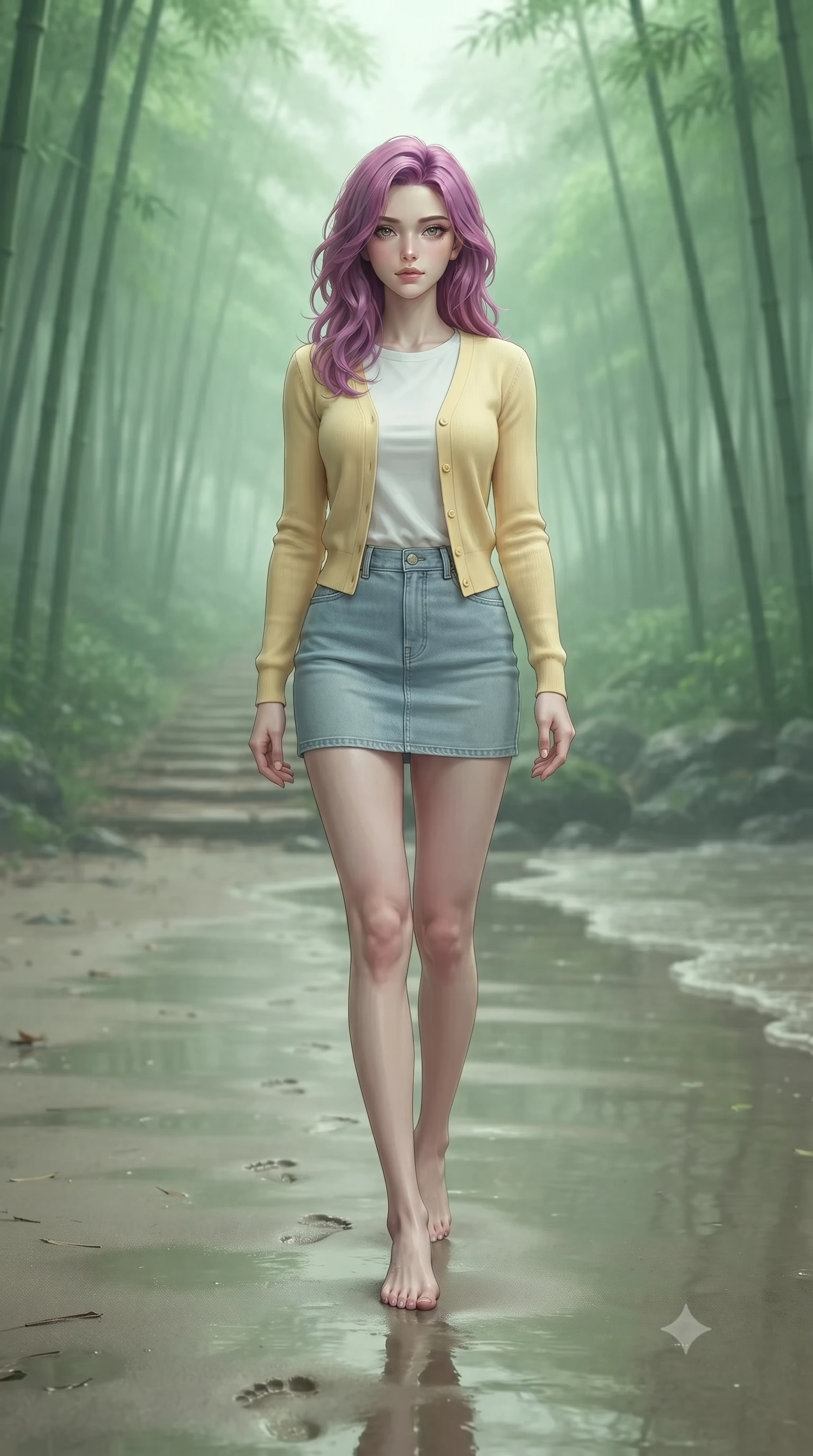 score_9, masterpiece, best quality, ultra-detailed, high-budget anime keyframe, editorial fashion photography, tasteful artistic composition, Caucasian woman woman. low angle full-body shot from head to toe showing her feet, filling the entire 9:16 vertical frame with her statuesque presence, stretching her vertical silhouette. walking slowly along the shoreline, leaving footprints in the wet sand the background shows a soft-focus a wooden path cutting through a misty green bamboo forest. She has an absolutely perfect, statuesque 8.5-heads proportion, an exceptionally tall and slender model-like female figure with impossibly long slender legs and an ultra-slim waist. sharp v-shaped jawline, high-bridge nose, intricate jewel-like eyes with depth, thick eyelashes, glossy lips with a natural sheen. wearing a form-contouring soft yellow cardigan over a white t-shirt and light blue denim skirt. soft, diffused green-tinted light creating a calm, meditative atmosphere. ultra-reflective glossy finish, specular highlights, metallic sheen, high-contrast stereoscopic depth, volumetric dynamic lighting, 2k, ultra detail, master piece, 9:16 ratio