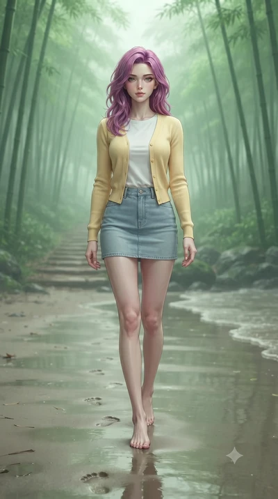 score_9, masterpiece, best quality, ultra-detailed, high-budget anime keyframe, editorial fashion photography, tasteful artistic composition, Caucasian woman woman. low angle full-body shot from head to toe showing her feet, filling the entire 9:16 v