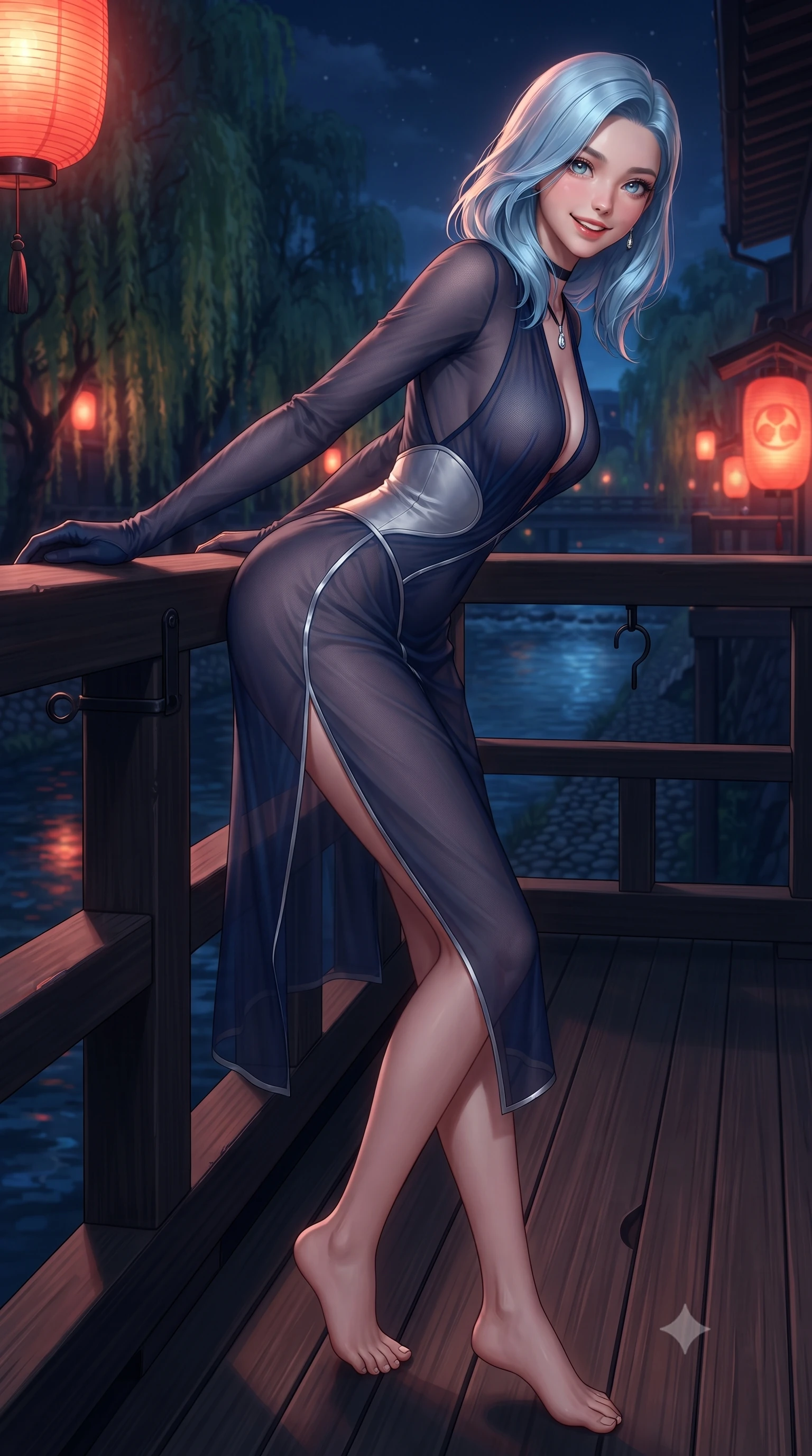 score_9, masterpiece, best quality, ultra-detailed, high-budget anime keyframe, editorial fashion photography, tasteful artistic composition, Korean woman. low angle full-body shot from head to toe showing her feet, filling the entire 9:16 vertical frame with her statuesque presence, stretching her vertical silhouette. leaning deep against the balcony balustrade with hips cocked back in an unapologetically alluring high-fashion stance, casting an intoxicating glance while standing poised on the dark cedar balcony over the Kamogawa River, arching her lower back as nocturnal river breezes ripple through weeping willows. The surrounding environment is rendered in vivid detail and crisp panoramic clarity: sharp weathered cedar decking grain, wrought-iron lantern hanging hooks, and riverbank pebble lines in deep focus. She has an exceptionally tall and slender model-like 8.5-heads proportion, an ultra-slim waist, a flat toned midriff, narrow delicate ribcage, and beautifully sculpted feminine hips creating a graceful, slim hourglass silhouette without any bulky heaviness, with impossibly long slender legs. sharp v-shaped jawline, high-bridge nose, intricate jewel-like sparkling eyes with depth, thick eyelashes, glossy parted lips with a natural peach sheen, bright cheerful beaming smile with an enchanting and coquettish sensual glint, exuding both youthful cute charm and seductive allure, flawlessly proportioned anatomical accuracy, strict slender model proportions, natural body alignment, perfectly sculpted long slender limbs, ultra-slim waistline, clean dynamic posture without body distortion. wearing a plunging sheer micro-mesh cocktail dress with liquid satin piping contouring her flat midriff and hips in moonlit Grand Canal sapphire navy and liquid platinum, made of sheer gossamer chiffon that drapes softly against skin with airy translucence, finished with a thin velvet ribbon choker and a single teardrop diamond pendant, the glove-like clinging cut tightly following the natural contour of her hips and long slender legs with youthful 8.5-heads elegance. bathed in the romantic crimson-gold lantern glows contrasted with cool deep-blue midnight river reflections. ultra-reflective glossy finish, specular highlights, rich textural contrasts, high-contrast stereoscopic depth, volumetric dynamic lighting, 2k, ultra detail, master piece, 9:16 ratio
