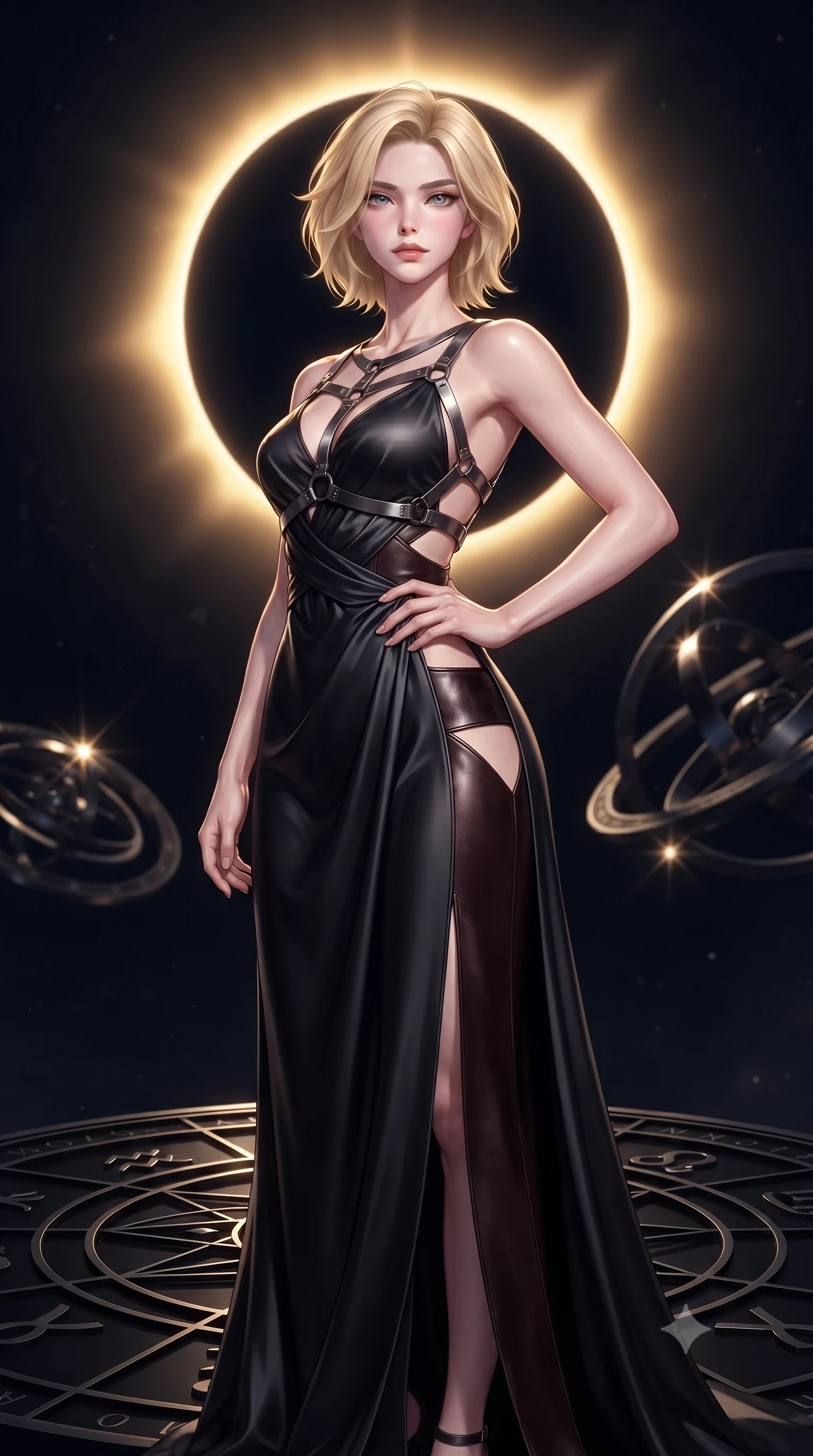 score_9, masterpiece, best quality, ultra-detailed, high-budget anime keyframe, editorial fashion photography, tasteful artistic composition, Caucasian woman. close-up cowboy shot from the waist and thighs up, the character dominates the composition, filling the frame with her large presence, background elements kept in soft focus. Holding a confident power pose with one hand on her hip, standing on a black zodiac ring dial looking out into an abyssal void, starlight reflections glinting sharply off dark metallic armillary rings. She has an exceptionally elegant, slender, and willowy female figure with an ultra-slim waist, a gracefully sculpted slender torso, and a refined silhouette. sharp v-shaped jawline, high-bridge nose, intricate jewel-like eyes with depth, thick eyelashes, glossy lips with a natural sheen. wearing draped obsidian silk gown featuring tasteful waist slit cutouts in dark mahogany, made of polished black leather, highlighted by a gunmetal metallic harness structure, contouring every curve with an exceptionally elegant silhouette. illuminated by the radiant golden corona of a black eclipse against total dark space. highly saturated vibrant anime colors, detailed shading with soft gradients, rich glossy textures, high-contrast stereoscopic depth, volumetric dynamic lighting, master piece, 9:16 ratio