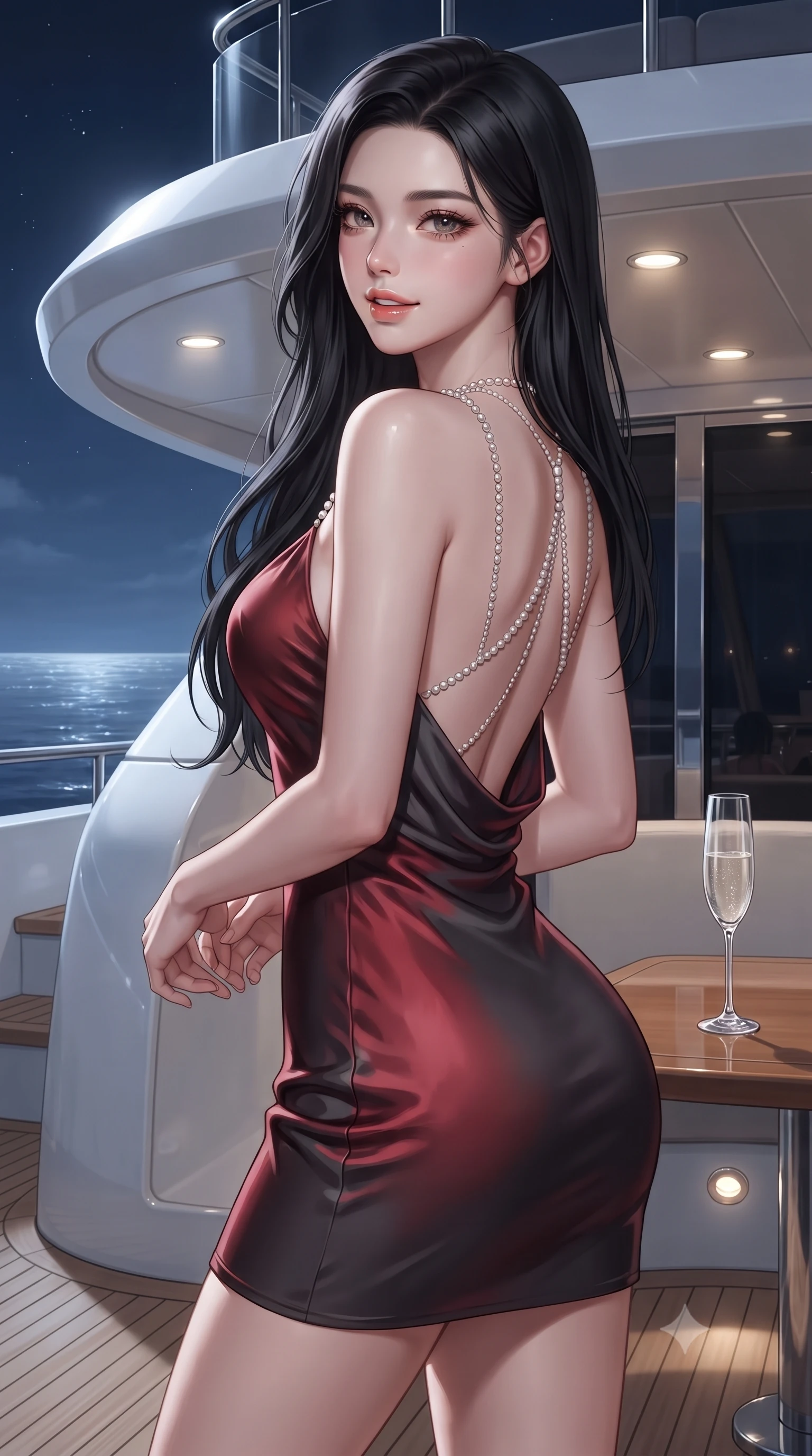score_9, masterpiece, best quality, ultra-detailed, high-budget anime keyframe, editorial fashion photography, tasteful artistic composition, Korean woman. close-up cowboy shot from the waist and thighs up, the character dominates the composition, filling the frame with her large presence. posing in an alluring rear three-quarter angle, looking over a bare shoulder with parted glossy lips, her hips cocked back to highlight her slim hourglass curve while twisting her slender torso in an alluring S-curve against the polished white superstructure, silvery moonlight tracing her waist and hip curves. The surrounding environment is rendered in vivid detail and crisp panoramic clarity: sharp polished marine-grade stainless steel reflections, teak wood caulking seams, and crystal champagne glass clarity in deep focus. She has an exceptionally elegant, slender, and willowy female figure with an ultra-slim waist, flat toned midriff, narrow ribcage, and sculpted feminine hips creating an alluring, slim hourglass silhouette without bulk. sharp v-shaped jawline, high-bridge nose, sparkling eyes with hypnotic seductive depth, thick curled eyelashes, glossy parted lips with a natural dewy peach sheen, alluring bedroom-eyes with an enchanting coquettish smile, exuding magnetic siren charisma and sophisticated high-fashion glamour, flawlessly proportioned anatomical accuracy, strict slender model proportions, natural body alignment, perfectly sculpted long slender limbs, ultra-slim waistline, clean dynamic posture without body distortion. wearing a low-cut draped cowl-back satin slip mini dress with dainty pearl spaghetti straps in rich cherry lacquer and smoky charcoal, woven from buttery-soft stretch lambskin leather adhering to her body like a second skin, accented with a pearl-drop body harness subtly framing her dewy collarbones and spine, the precision-cut side openings and low-back scoop framing her graceful spine and the sensual sweep of her slim, toned hips. bathed in pure silver moonlight reflecting off the open sea, complemented by warm recessed deck downlights. ultra-reflective glossy finish, specular highlights, rich textural contrasts, high-contrast stereoscopic depth, volumetric dynamic lighting, 2k, ultra detail, master piece, 9:16 ratio