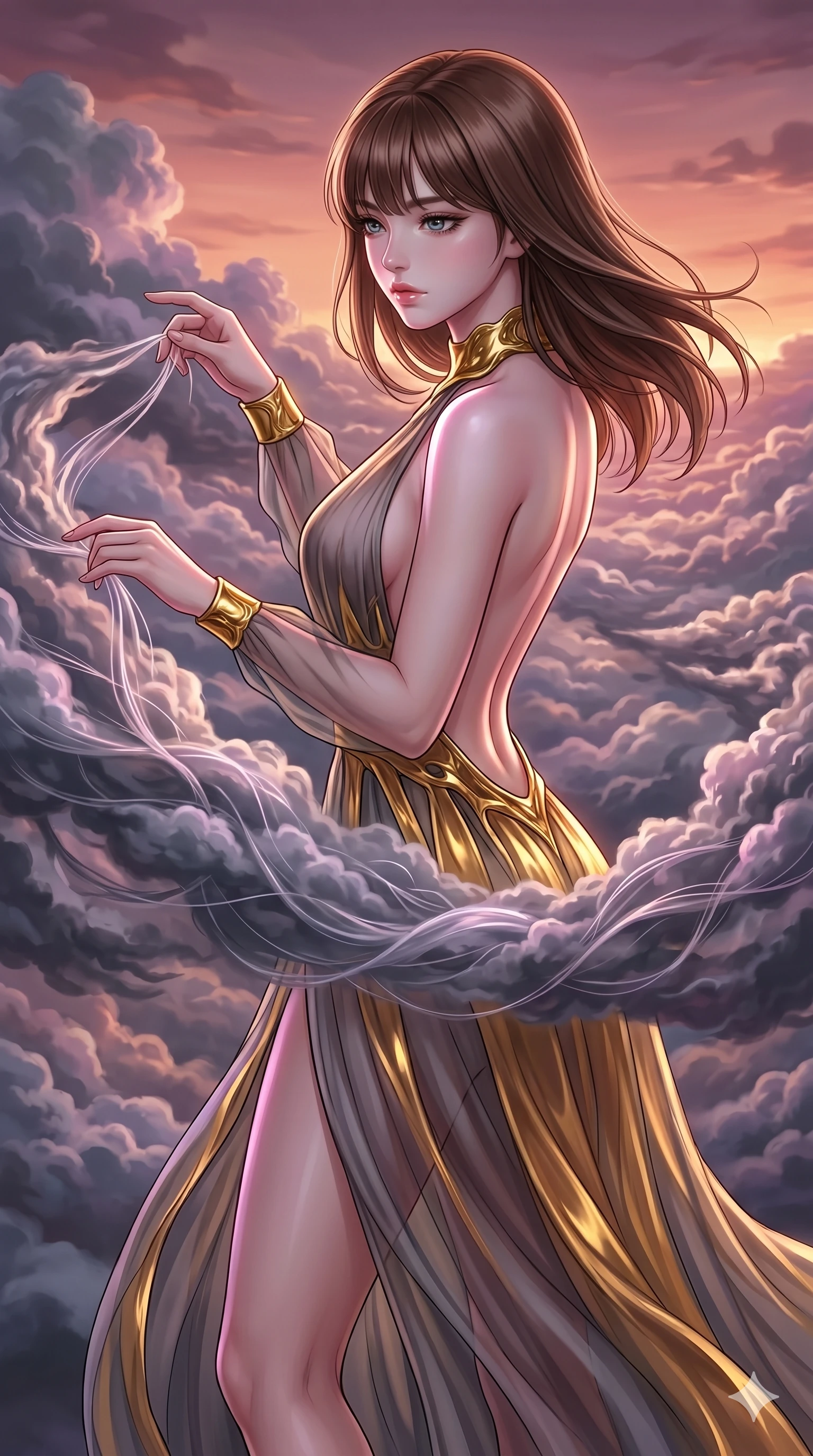 score_9, masterpiece, best quality, ultra-detailed, high-budget anime keyframe, Korean woman. upper body close-up from the thighs up, character filling the screen for maximum presence. threading through a volumetric cloud weave where storm clouds are spun like silk thread under a dramatic sunset glow. She has an absolutely perfect 8-heads proportion, an exceptionally tall and slender female figure with impossibly long slender legs and an ultra-slim waist. V-shaped jawline, high-bridge nose, intricate jewel-like eyes with depth, thick eyelashes, glossy lips with a natural sheen.. wearing a molten gold and chiffon gown, featuring organic liquid gold collar and cuffs on a translucent charcoal-gray halter neck chiffon gown with a deep backless design. enhanced by a luminous pastel spectrum glow, casting elegant rim lights on her shoulders and jawline. 2k, ultra detail, master piece, 9:16 ratio