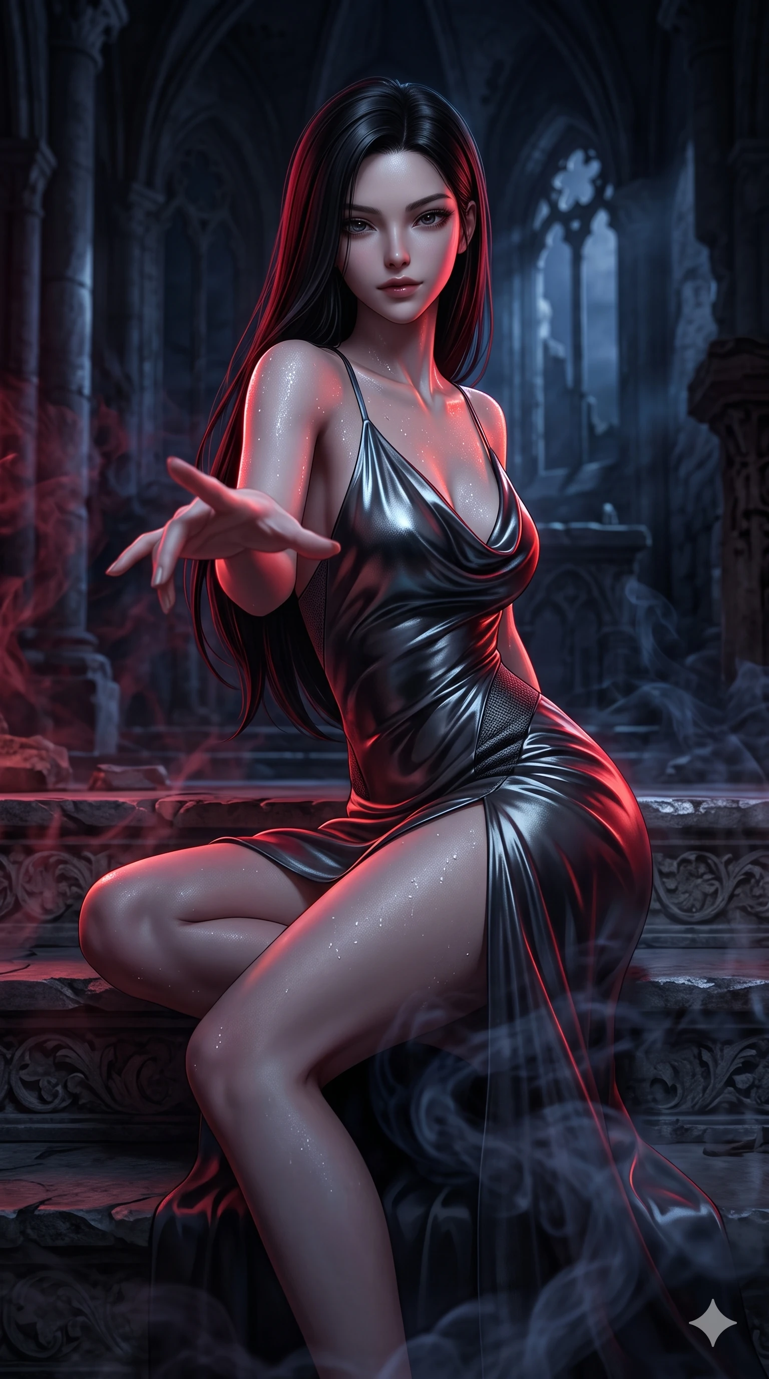 score_9, masterpiece, best quality, ultra-detailed, high-budget anime keyframe, semi-realistic 3D game render, editorial fashion photography, tasteful artistic composition, Korean woman. close-up cowboy shot from the waist and thighs up, the character dominates the composition, filling the frame with her large presence. reaching one hand toward the viewer with relaxed dark elegance, her sculpted waistline catching specular highlights while perched on the carved altar steps with one knee drawn up, arching her spine with supermodel poise as dark incense swirls around her long legs. The background shows a soft-focus ancient ruined European cathedral softened in gothic nocturnal shallow focus. She has an exceptionally elegant, slender, and willowy female figure with an ultra-slim waist, flat toned midriff, narrow ribcage, and sculpted feminine hips creating an alluring, slim hourglass silhouette without bulk. sharp v-shaped jawline, high-bridge nose, intricate jewel-like dark sparkling eyes with hypnotic seductive depth, thick curled eyelashes, glossy parted lips with a natural wine sheen, alluring bedroom-eyes with an enigmatic smoldering smile, exuding magnetic sovereign charisma and dark avant-garde glamour, flawlessly proportioned anatomical accuracy, strict slender model proportions, natural body alignment, perfectly sculpted long slender limbs, ultra-slim waistline, clean dynamic posture without body distortion. wearing a form-contouring gossamer silk chiffon slip dress with hip-high slit and open cowl back clinging with mist in liquid mercury chrome and smoky quartz, woven from bespoke high-density barathea wool with refined ceremonial hold, finished with glistening moisture droplets beading across her sculpted shoulders and flat midriff, the form-fitting cut adhering flawlessly to her sculpted flat midriff and slender torso, emphasizing her long leg lines and perfectly proportioned willowy build. bathed in sharp crimson laser rim light piercing cold midnight shadows and incense smoke. highly saturated vibrant anime colors, detailed shading with soft gradients, rich glossy textures, high-contrast stereoscopic depth, volumetric dynamic lighting, master piece, 9:16 ratio