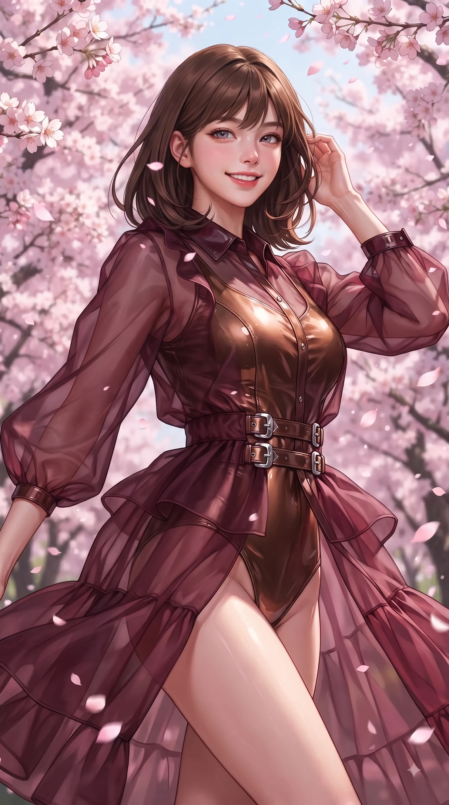 score_9, masterpiece, best quality, ultra-detailed, high-budget anime keyframe, editorial fashion photography, tasteful artistic composition, Korean woman. close-up cowboy shot from the waist and thighs up, the character dominates the composition, filling the frame with her large presence, background elements kept in soft focus. Radiant youthful grin reflecting college charm while casting a playful, joyful side-gaze with heavy lashes while pivoting dynamically with a bright cute smile as pink sakura petals rain down like snow, dense canopies of pink cherry blossoms fluttering in a gentle spring morning breeze. She has an exceptionally elegant, slender, and willowy female figure with an ultra-slim waist, a gracefully sculpted slender torso, and a refined silhouette. sharp v-shaped jawline, high-bridge nose, intricate jewel-like eyes with depth, thick eyelashes, glossy lips with a natural sheen, flawlessly proportioned anatomical accuracy, natural body alignment, perfectly sculpted elegant limbs, clean dynamic posture without body distortion. wearing a semi-opaque sheer overlay dress over a leather micro-bodysuit in deep burgundy and bronze, tailored from high-gloss patent leather, detailed with polished silver buckles along the waistline, the glove-like fit emphasizing her statuesque silhouette during motion. surrounded by a fresh, sweet, and nostalgic spring school atmosphere. ultra-reflective glossy finish, specular highlights, metallic sheen, high-contrast stereoscopic depth, volumetric dynamic lighting, 2k, ultra detail, master piece, 9:16 ratio