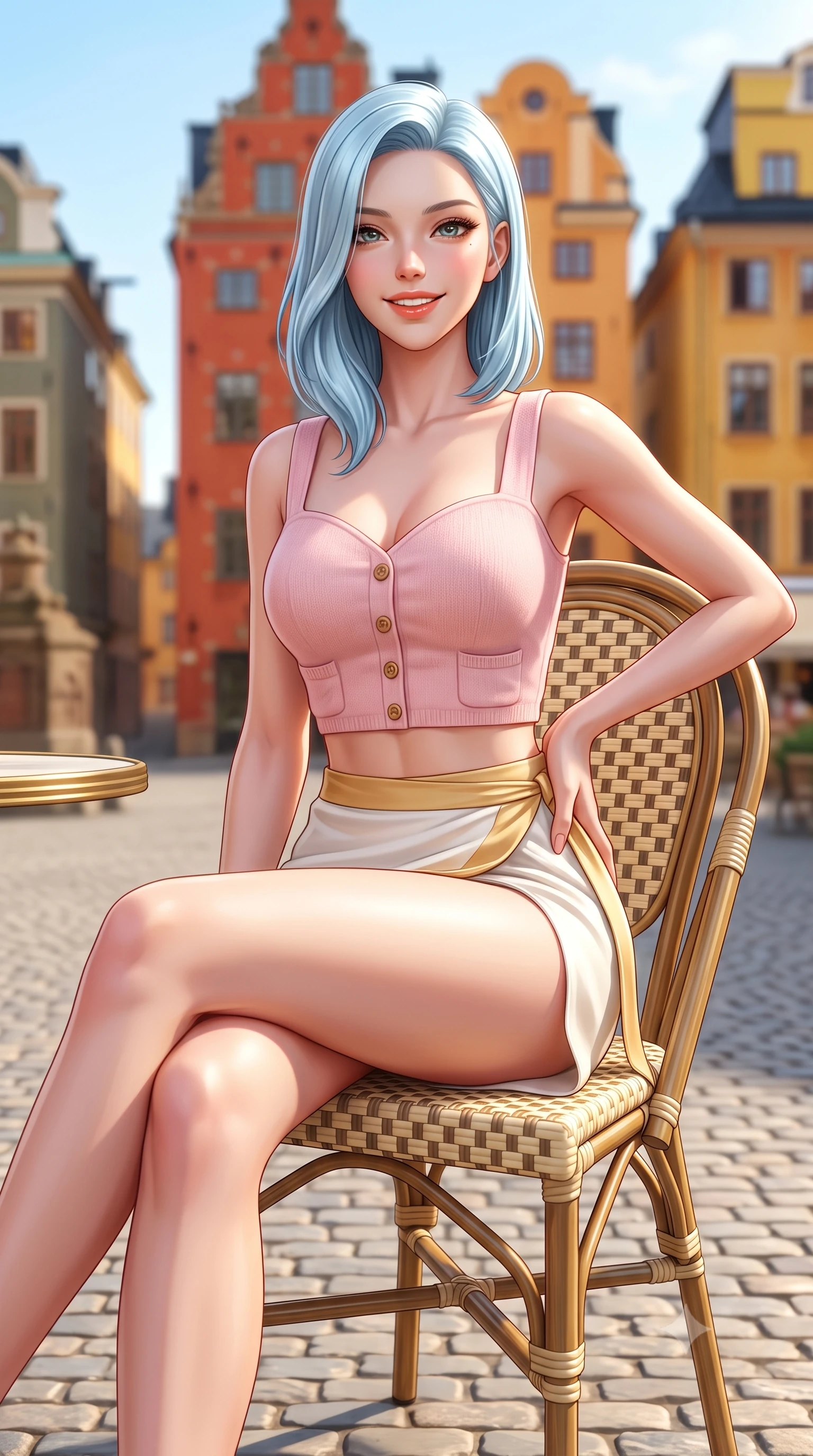 score_9, masterpiece, best quality, ultra-detailed, high-budget anime keyframe, semi-realistic 3D game render, editorial fashion photography, tasteful artistic composition, Korean woman. close-up cowboy shot from the waist and thighs up, the character dominates the composition, filling the frame with her large presence. twisting her slender torso in an alluring contrapposto stance, one hand resting on her sculpted hip while flashing a radiant, playful smile with parted glossy lips while sitting on a sunlit outdoor cafe chair with legs crossed, her long slender legs and narrow waist commanding the picturesque Swedish town square. The composition keeps background elements in soft focus with dreamy creamy bokeh. tall gabled 17th-century terracotta and ochre merchant houses blurred into warm mustard, brick-red, and pale sky-blue bokeh. She has an exceptionally elegant, slender, and willowy female figure with an ultra-slim waist, flat toned midriff, narrow ribcage, and sculpted feminine hips creating an alluring, slim hourglass silhouette without bulk. sharp v-shaped jawline, high-bridge nose, intricate jewel-like sparkling eyes with depth, thick eyelashes, glossy parted lips with a natural peach sheen, bright cheerful beaming smile with an enchanting and coquettish sensual glint, exuding both youthful cute charm and seductive allure, flawlessly proportioned anatomical accuracy, strict slender model proportions, natural body alignment, perfectly sculpted long slender limbs, ultra-slim waistline, clean dynamic posture without body distortion. wearing a sweetheart-neckline baby-pink crop top with a high-slit wrap mini skirt accentuating her waist-to-hip curve in pure alabaster white and sun-kissed gold, crafted from soft cozy cashmere yarn with an airy drape, finished with neat front wooden buttons and delicate pocket details, the form-contouring cut accentuating her sculpted flat midriff, narrow delicate ribcage, and gracefully curvy hips with supermodel precision. bathed in crisp, crystal-clear Nordic summer daylight washing across the colorful town square. highly saturated vibrant anime colors, detailed shading with soft gradients, rich glossy textures, high-contrast stereoscopic depth, volumetric dynamic lighting, master piece, 9:16 ratio