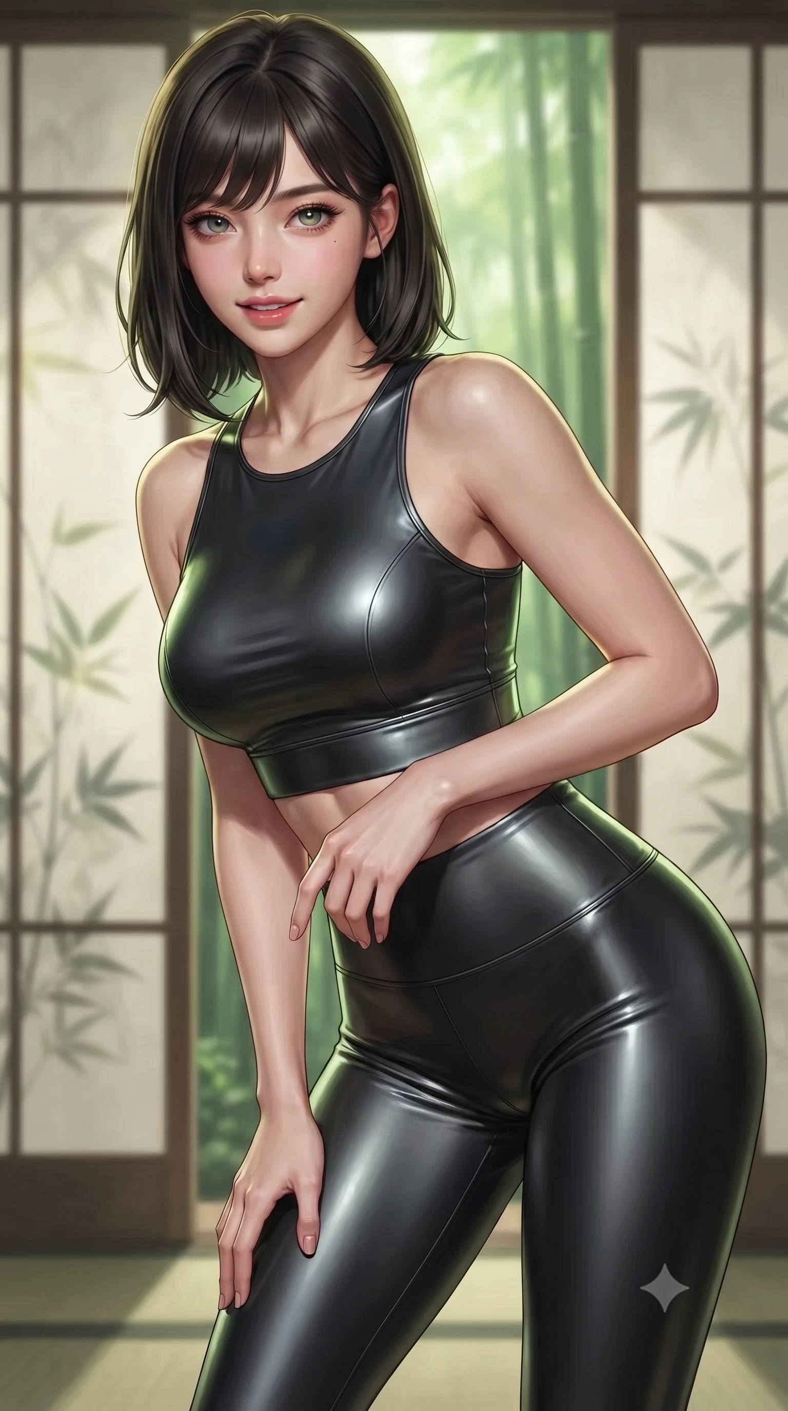 score_9, masterpiece, best quality, ultra-detailed, high-budget anime keyframe, editorial fashion photography, tasteful artistic composition, Korean woman. close-up cowboy shot from the waist and thighs up, the character dominates the composition, filling the frame with her large presence, background elements kept in soft focus. leaning slightly forward with a playful, teasing smile, her gaze locked onto the viewer with lips parted in a composed pose, the background shows a soft-focus a bamboo forest temple with paper partitions showing plant silhouettes. She has an exceptionally elegant, slender, and willowy female figure with an ultra-slim waist, a gracefully sculpted slender torso, and a refined silhouette. sharp v-shaped jawline, high-bridge nose, intricate jewel-like eyes with depth, thick eyelashes, glossy lips with a natural sheen. wearing a body-hugging form-fitting athletic crop top and matching high-waisted compression leggings in sleek carbon-black tech fabric. soft green and yellow digital plant light wrapping her form in an organic glow. ultra-reflective glossy finish, specular highlights, metallic sheen, high-contrast stereoscopic depth, volumetric dynamic lighting, 2k, ultra detail, master piece, 9:16 ratio