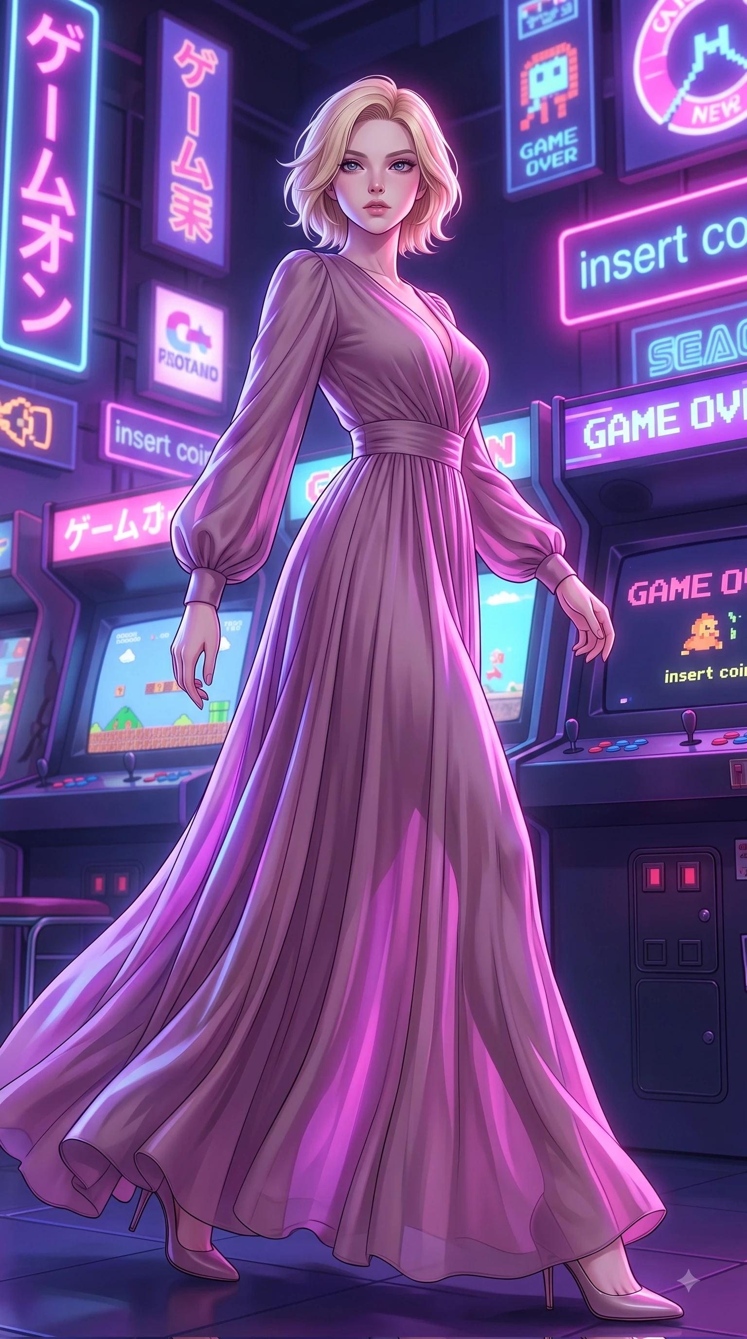 score_9, masterpiece, best quality, ultra-detailed, high-budget anime keyframe, editorial fashion photography, tasteful artistic composition, Caucasian woman woman. low angle full-body shot from head to toe showing her feet, filling the entire 9:16 vertical frame with her statuesque presence, stretching her vertical silhouette. She has an absolutely perfect, statuesque 8.5-heads proportion, an exceptionally tall and slender model-like female figure with impossibly long slender legs and an ultra-slim waist. stepping gracefully forward in a proud statuesque stride, her body turning in a fluid S-curve silhouette, flawlessly proportioned anatomical accuracy, natural body alignment, perfectly sculpted elegant limbs, clean dynamic posture without body distortion. set against a soft-focus background of a retro cyber arcade filled with glowing CRT screens and neon signs. wearing a serene dusty mauve chiffon maxi dress with long bishop sleeves. bathed in strobing violet and electric pink neon lights refracting on her outfit. highly saturated vibrant anime colors, detailed shading with soft gradients, rich glossy textures, high-contrast stereoscopic depth, volumetric dynamic lighting, master piece, 9:16 ratio