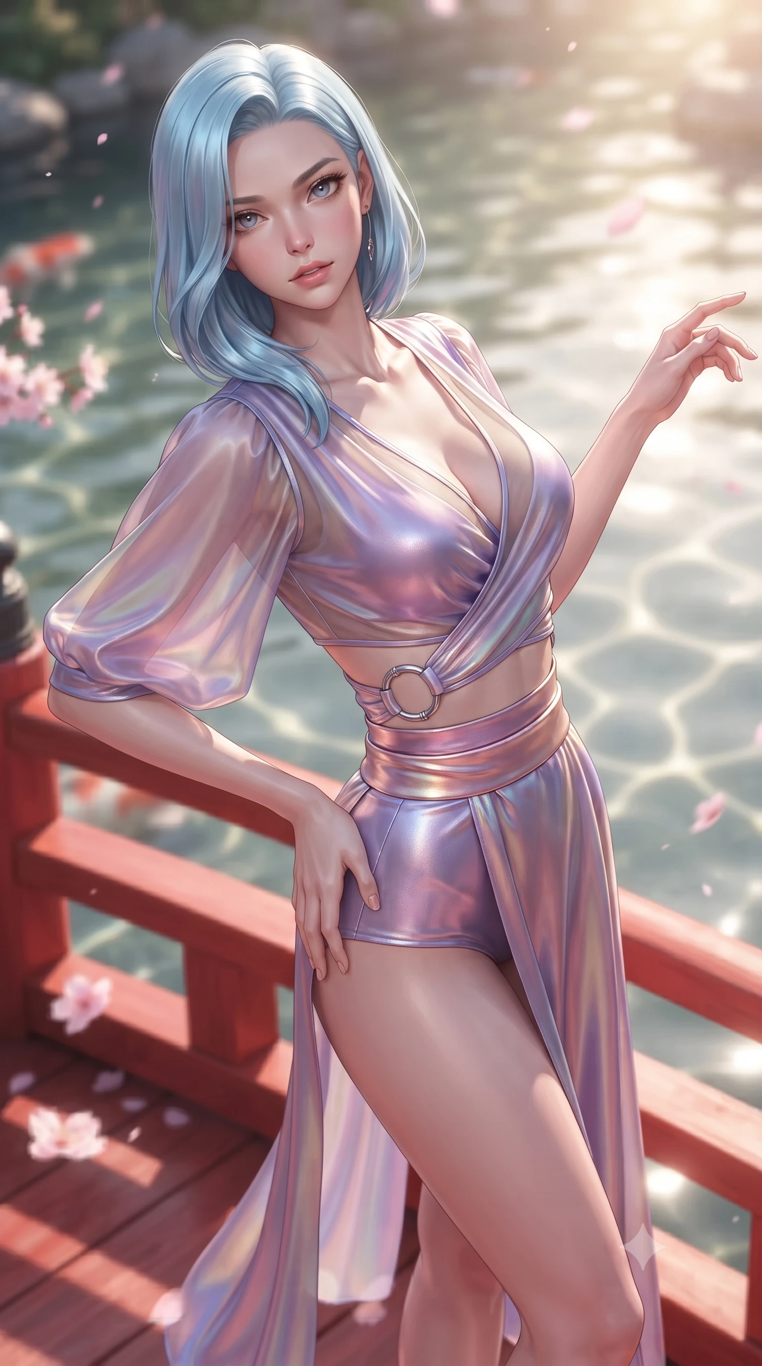 score_9, masterpiece, best quality, ultra-detailed, high-budget anime keyframe, editorial fashion photography, tasteful artistic composition, Korean woman. close-up cowboy shot from the waist and thighs up, the character dominates the composition, filling the frame with her large presence. extending one arm gracefully toward the light while her torso arches in a sleek, alluring curve with magnetic intensity while pivoting dynamically on a vermilion bridge over a mirror-like koi pond as pink cherry blossoms float past. The composition keeps background elements in soft focus with creamy bokeh. sunlit pond ripples creating soft, undulating light patterns across the background. She has an exceptionally elegant, slender, and willowy female figure with an ultra-slim waist, a gracefully sculpted slender torso, toned flat midriff, and a refined slim silhouette. sharp v-shaped jawline, high-bridge nose, intricate jewel-like eyes with depth, thick eyelashes, glossy lips with a natural sheen, flawlessly proportioned anatomical accuracy, strict slender model proportions, natural body alignment, perfectly sculpted long slender limbs, ultra-slim waistline, clean dynamic posture without body distortion. wearing a shortened cyber-fusion wrap top with transparent chiffon panels, a deep crossover neckline, and a high-waisted metallic sash that accentuates her ultra-slim waist in luminous lavender violet and rose gold, made of smooth iridescent silk chiffon that shifts colors with movement, detailed with polished silver rings connecting the daring side-waist cutouts, the liquid-tight tailored fabric emphasizing every curve of her tall, slender model proportions and sculptured silhouette during dynamic movement. surrounded by a majestic, timeless, and captivatingly sensual oriental royalty aura. ultra-reflective glossy finish, specular highlights, metallic sheen, high-contrast stereoscopic depth, volumetric dynamic lighting, 2k, ultra detail, master piece, 9:16 ratio