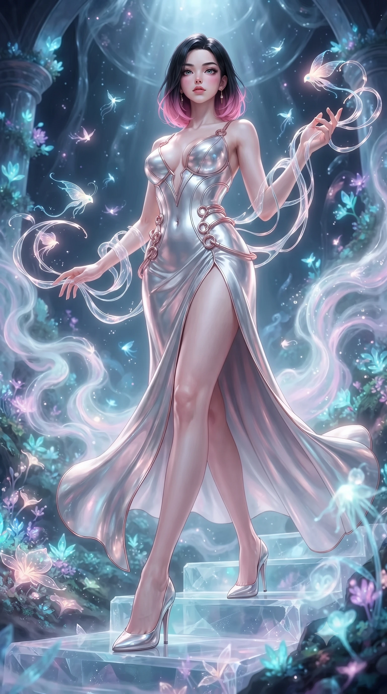 score_9, masterpiece, best quality, ultra-detailed, high-budget anime keyframe, editorial fashion photography, tasteful artistic composition, Korean woman. low angle full-body shot from head to toe showing her feet, filling the entire 9:16 vertical frame with her statuesque presence, stretching her vertical silhouette. navigating the celestial sanctuary with an effortless, graceful stride, threading glowing ethereal tendrils through a sanctuary of bioluminescent opal creatures, swirling ethereal water vapor carrying a soft inner glow. She has an absolutely perfect, statuesque 8.5-heads proportion, an exceptionally tall and slender model-like female figure with impossibly long slender legs and an ultra-slim waist. sharp v-shaped jawline, high-bridge nose, intricate jewel-like eyes with depth, thick eyelashes, glossy lips with a natural sheen. wearing low-cut structured bodice gown in liquid pearl with high leg slit in radiant platinum, made of sculpted platinum chrome, trimmed with rose-gold ring hardware along the waist contours, contouring every curve with an exceptionally elegant silhouette. illuminated by soft opal bioluminescence and radiant pastel inner glow. ultra-reflective glossy finish, specular highlights, metallic sheen, high-contrast stereoscopic depth, volumetric dynamic lighting, 2k, ultra detail, master piece, 9:16 ratio