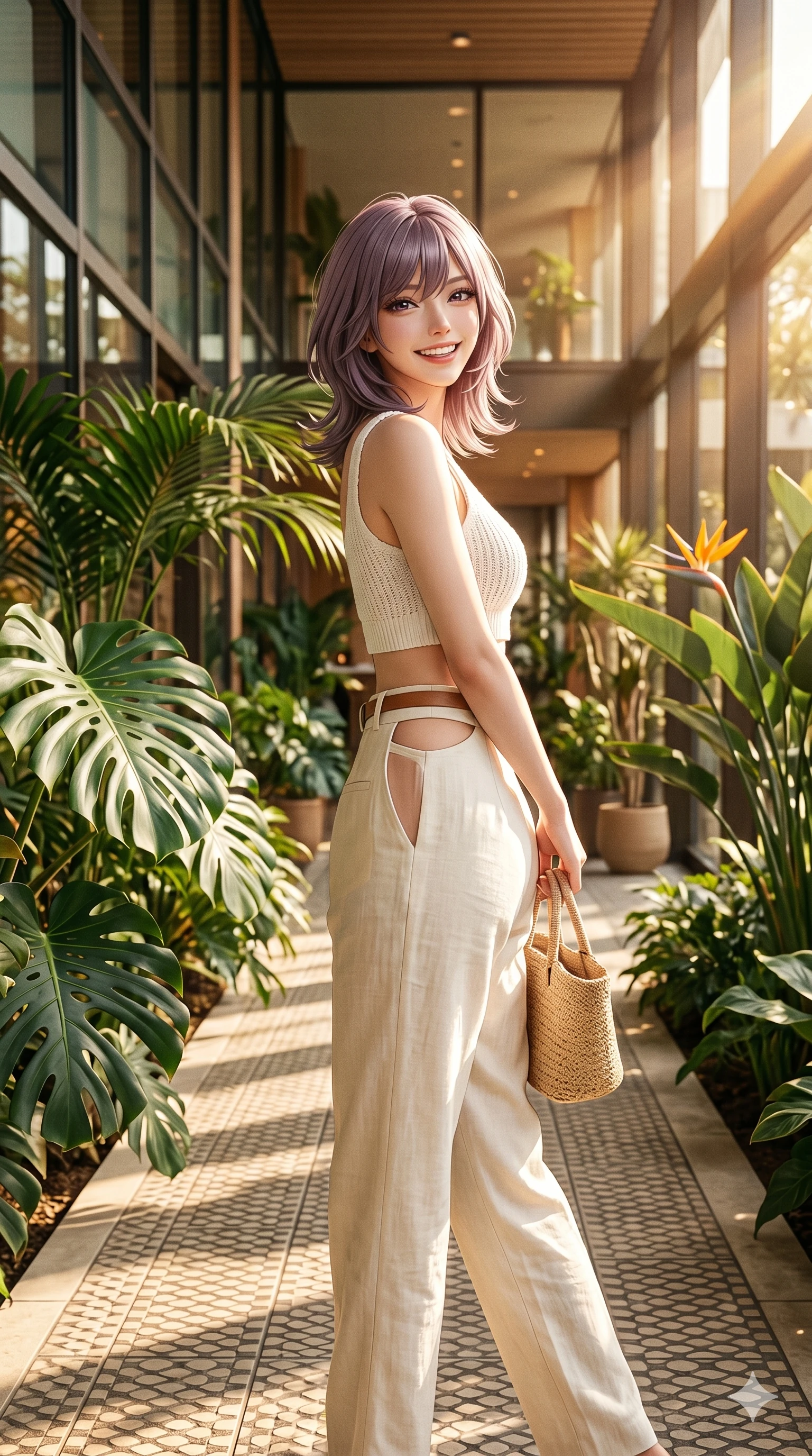 score_9, masterpiece, best quality, ultra-detailed, high-budget anime keyframe, editorial fashion photography, tasteful artistic composition, Japanese woman. cowboy shot from the thighs up, character and outfit filling the frame for maximum editorial presence. turning around with a bright, happy grin, her eyes sparkling with joy walking along a tiled pathway in a modern botanical hotel. She has an absolutely perfect 8-heads proportion, an exceptionally tall and slender female figure with impossibly long slender legs and an ultra-slim waist. V-shaped jawline, high-bridge nose, intricate jewel-like eyes with depth, thick eyelashes, glossy lips with a natural sheen. wearing a white knit crop top and high-waisted linen trousers with side cutouts. bathed in warm afternoon sunbeams filtering through the tropical plants. 2k, ultra detail, master piece, 9:16 ratio