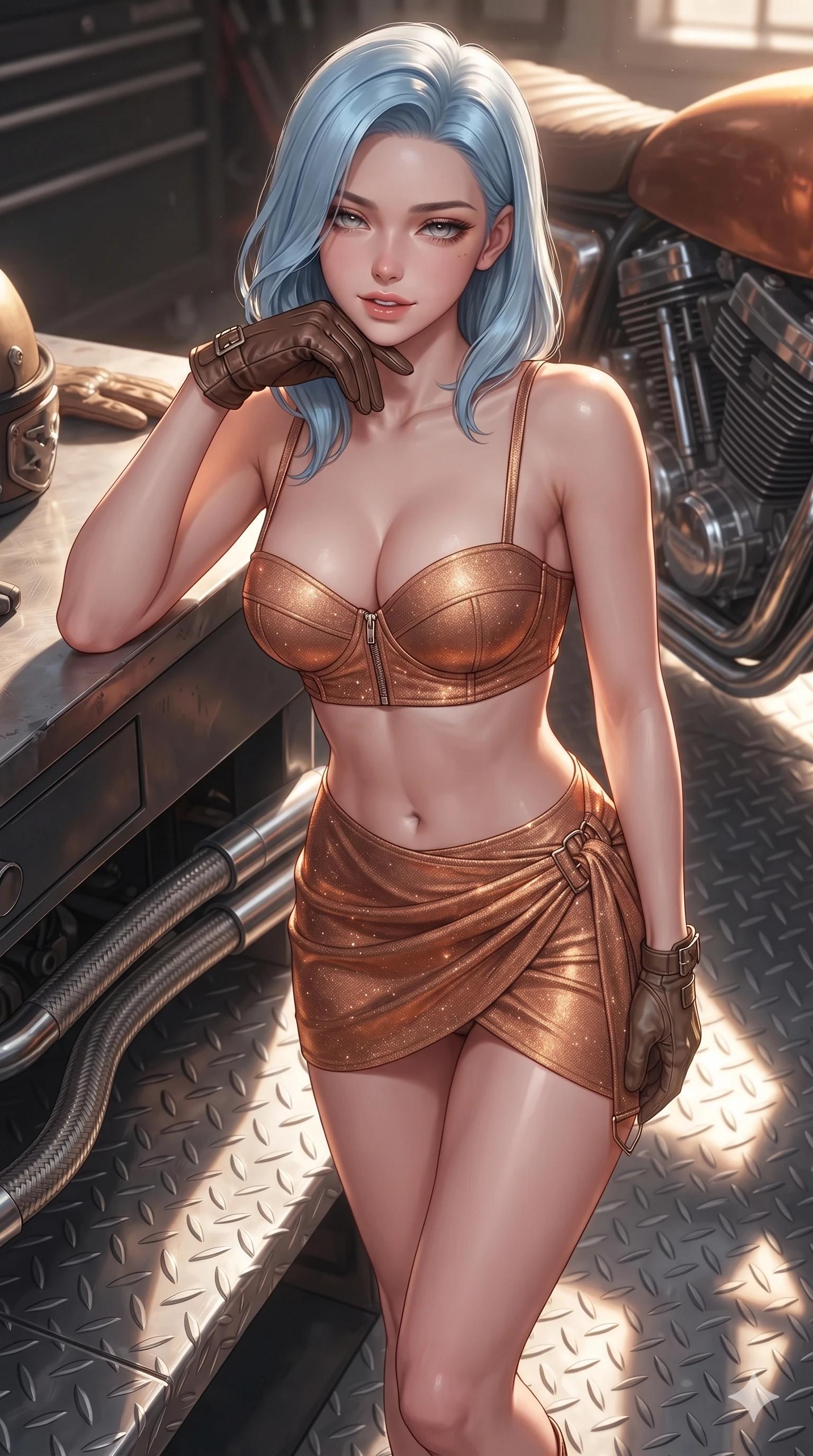 score_9, masterpiece, best quality, ultra-detailed, high-budget anime keyframe, editorial fashion photography, tasteful artistic composition, Korean woman. close-up cowboy shot from the waist and thighs up, the character dominates the composition, filling the frame with her large presence. resting one elbow on the workbench and supporting her chin, leaning close to the camera with heavy-lidded sparkling eyes and parted lips while standing poised on the steel diamond-plate platform, arching her lower back with sovereign supermodel grace while adjusting her leather gloves. The surrounding environment is rendered in vivid detail and crisp panoramic clarity: sharp raised steel diamond-plate tread pattern, braided stainless exhaust flex lines, and crisp motorcycle cooling fins in deep focus. She has an exceptionally elegant, slender, and willowy female figure with an ultra-slim waist, flat toned midriff, narrow ribcage, and sculpted feminine hips creating an alluring, slim hourglass silhouette without bulk. sharp v-shaped jawline, high-bridge nose, sparkling eyes with hypnotic seductive depth, thick curled eyelashes, glossy parted lips with a natural dewy peach sheen, alluring bedroom-eyes with an enchanting coquettish smile, exuding magnetic siren charisma and sophisticated glamour, flawlessly proportioned anatomical accuracy, strict slender model proportions, natural body alignment, perfectly sculpted long slender limbs, ultra-slim waistline, clean dynamic posture without body distortion. wearing a structured underwire bikini bustier top paired with an ultra-short draped sarong wrap mini skirt in molten metallic copper and radiant desert sand, woven from stretch metallic lurex jersey casting radiant starlight glints across her silhouette, finished with sleek heavy-duty brass zip pulls and buckled moto straps, the liquid-tight tailored fabric clinging flawlessly to her narrow waist and rounded feminine hips, emphasizing every millimeter of her sculpted slim hourglass curves without any bulky heaviness. bathed in late-afternoon angled sunbeams cutting across the steel platform with crisp specular reflections on chrome and skin. ultra-reflective glossy finish, specular highlights, rich textural contrasts, high-contrast stereoscopic depth, volumetric dynamic lighting, 2k, ultra detail, master piece, 9:16 ratio
