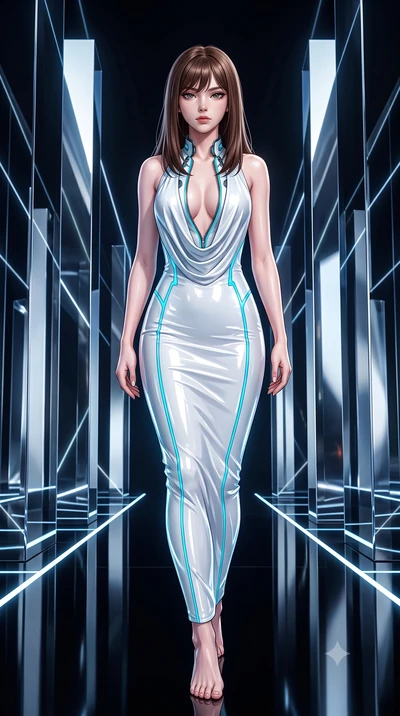 score_9, masterpiece, best quality, ultra-detailed, high-budget anime keyframe, semi-realistic 3D game render, editorial fashion photography, tasteful artistic composition, Korean woman. low angle full-body shot from head to toe showing her feet, fil