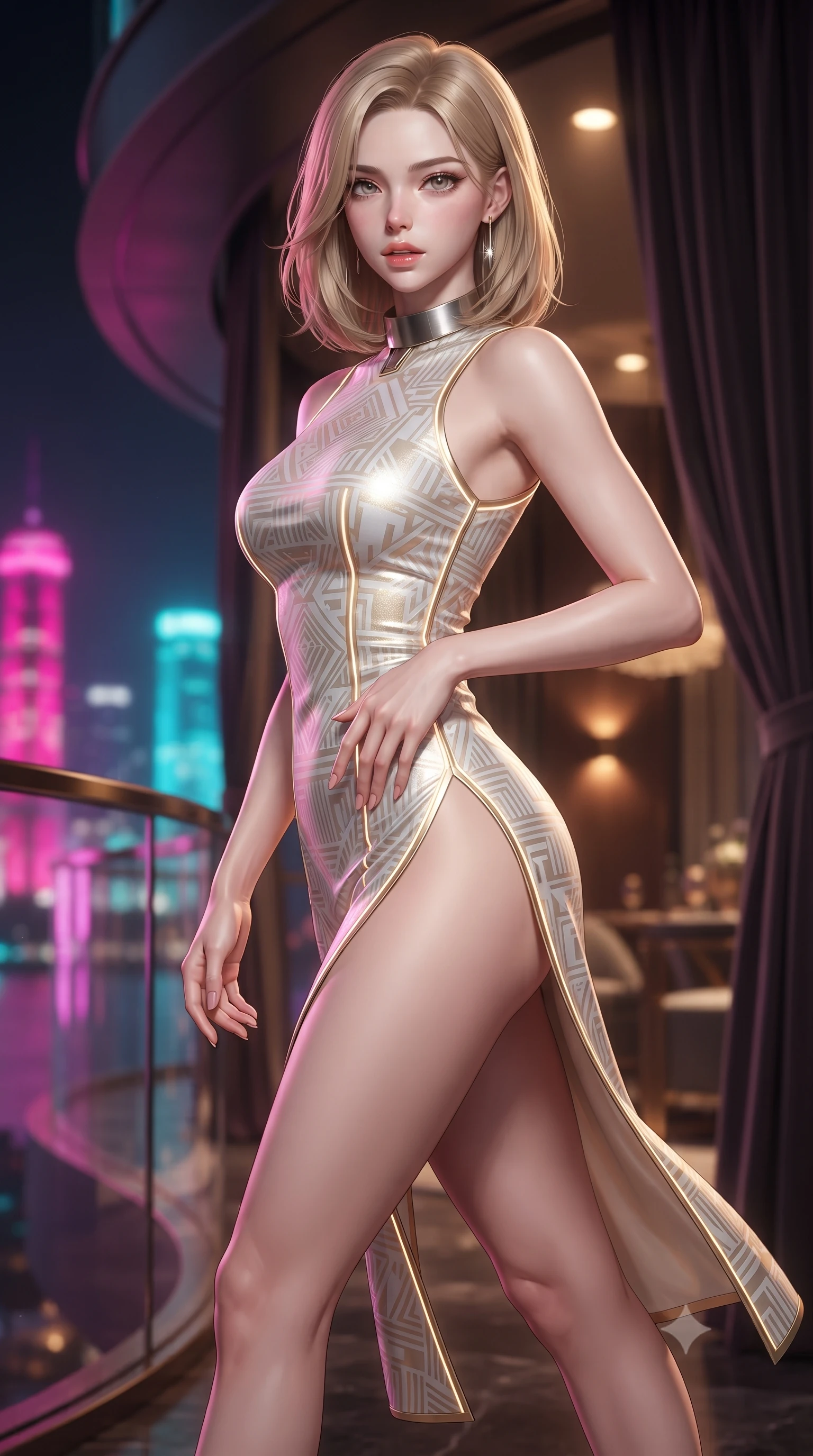 score_9, masterpiece, best quality, ultra-detailed, high-budget anime keyframe, editorial fashion photography, tasteful artistic composition, Korean woman. close-up cowboy shot from the waist and thighs up, the character dominates the composition, filling the frame with her large presence. resting one manicured hand delicately on her hip bone, her upper body turning in a fluid, seductive S-curve while parted lips glisten in the light while striding across the penthouse balcony as river breezes whip her high-slit dress open, accentuating her long slender legs and curvy hips. The composition keeps background elements in soft focus with creamy bokeh. curved art deco glass windows and heavy velvet drapes softened in glamorous cinematic shallow focus. She has an exceptionally elegant, slender, and willowy female figure with an ultra-slim waist, flat toned midriff, narrow ribcage, and sculpted feminine hips creating an alluring, slim hourglass silhouette without bulk. sharp v-shaped jawline, high-bridge nose, intricate jewel-like eyes with depth, thick eyelashes, glossy parted lips with a natural sheen, intensely captivating and seductive bedroom-eyes expression, flawlessly proportioned anatomical accuracy, strict slender model proportions, natural body alignment, perfectly sculpted long slender limbs, ultra-slim waistline, clean dynamic posture without body distortion. wearing a modernized cyber-qipao mini dress with an ultra-high side slit ascending to the hip and glowing piping in pure alabaster white and sun-kissed gold, crafted from luxurious metallic lamé that shifts radiance with every step, complemented by a bold geometric choker and sparkling cocktail ring, the liquid-tight tailored fabric clinging flawlessly to her narrow waist and rounded feminine hips, emphasizing every millimeter of her sculpted slim hourglass curves without any bulky heaviness. bathed in vibrant magenta and electric cyan river skyline reflections contrasting with warm amber interior downlights. ultra-reflective glossy finish, specular highlights, rich textural contrasts, high-contrast stereoscopic depth, volumetric dynamic lighting, 2k, ultra detail, master piece, 9:16 ratio