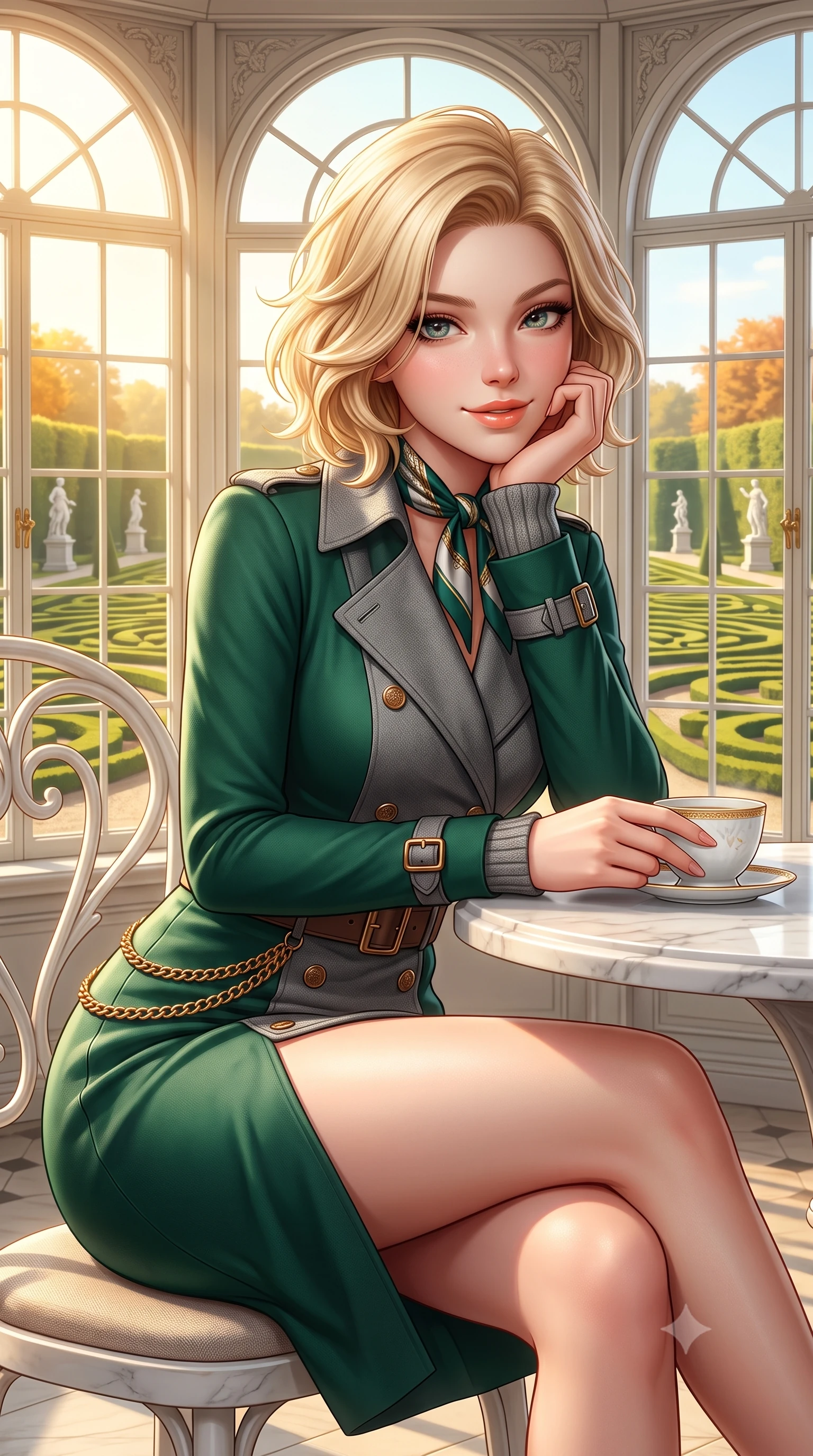 score_9, masterpiece, best quality, ultra-detailed, high-budget anime keyframe, semi-realistic 3D game render, editorial fashion photography, tasteful artistic composition, Caucasian woman. close-up cowboy shot from the waist and thighs up, the character dominates the composition, filling the frame with her large presence. resting one elbow on the table and supporting her chin, leaning close to the camera with heavy-lidded sparkling eyes and parted lips while sitting poised at a white marble conservatory tea table with hands resting gently on a porcelain cup, exuding high-society grace. The surrounding environment is rendered in vivid detail and crisp panoramic clarity: detailed cable-knit cashmere sweater ribbing, silk twilly neck scarf knot, and baroque palace garden craft in razor-sharp precision. She has an exceptionally elegant, slender, and willowy female figure with an ultra-slim waist, flat toned midriff, narrow ribcage, and sculpted feminine hips creating an alluring, slim hourglass silhouette without bulk. sharp v-shaped jawline, high-bridge nose, intricate jewel-like sparkling eyes with depth, thick eyelashes, glossy parted lips with a natural peach sheen, bright cheerful beaming smile with an enchanting and coquettish sensual glint, exuding both youthful cute charm and seductive allure, flawlessly proportioned anatomical accuracy, strict slender model proportions, natural body alignment, perfectly sculpted long slender limbs, ultra-slim waistline, clean dynamic posture without body distortion. wearing a liquid-tight double-breasted tailored trench dress cinched firmly with a leather buckle belt to accentuate her hourglass curves in St. Moritz pine forest emerald and heather grey, made of ultra-fine Mongolian cashmere with sleek glove-like elasticity contouring her silhouette, finished with a sleek gold chain belt resting snugly across her narrow waist and curving hips, the second-skin tailored fabric adhering flawlessly to her sculpted flat midriff and slender torso, emphasizing her long leg lines and perfectly proportioned willowy build. bathed in warm 3200K autumn sunlight streaming through floor-to-ceiling arched south-facing conservatory windows. highly saturated vibrant anime colors, detailed shading with soft gradients, rich glossy textures, high-contrast stereoscopic depth, volumetric dynamic lighting, master piece, 9:16 ratio