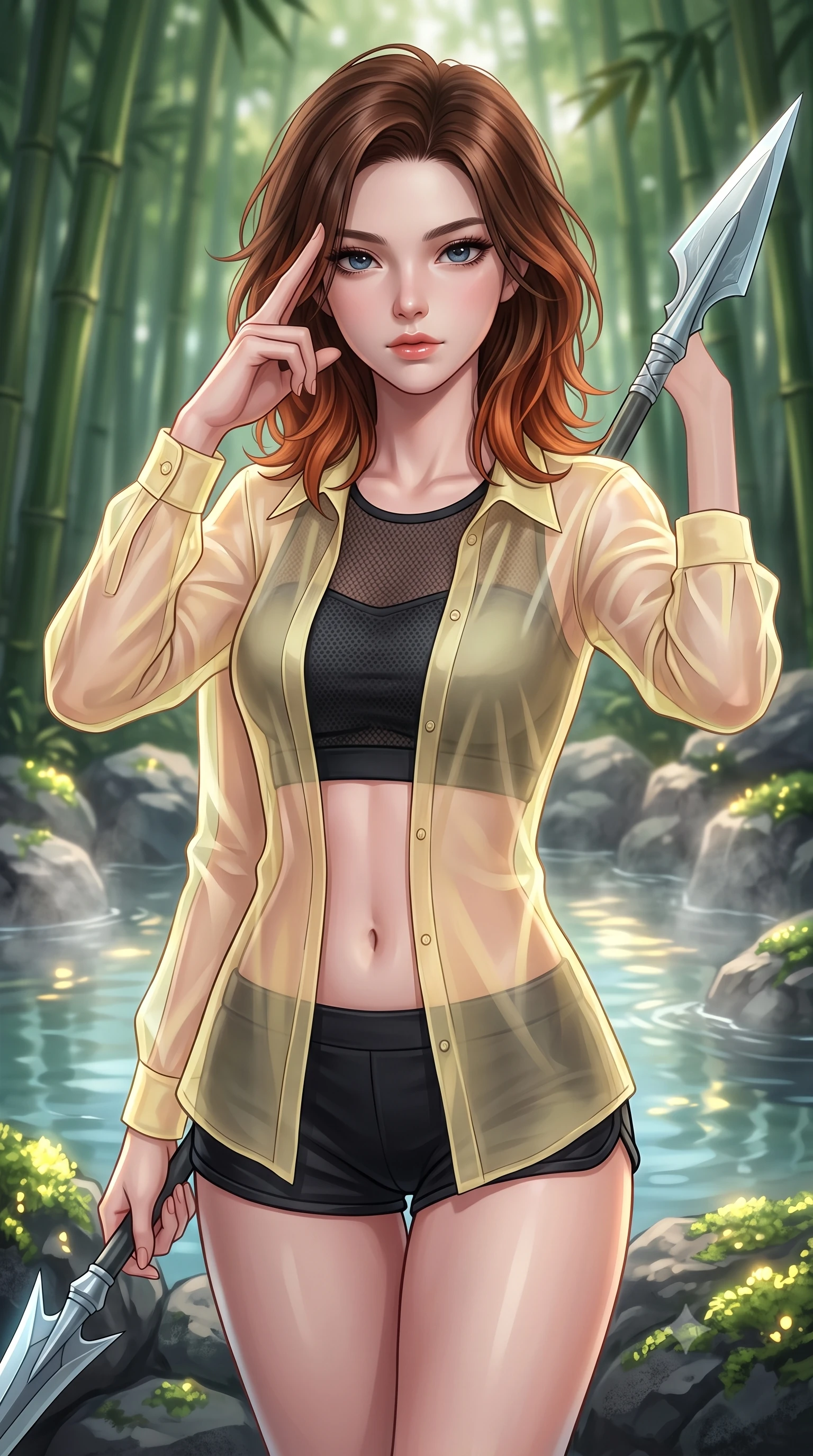 score_9, masterpiece, best quality, ultra-detailed, high-budget anime keyframe, editorial fashion photography, tasteful artistic composition, Korean woman. close-up cowboy shot from the waist and thighs up, the character dominates the composition, filling the frame with her large presence, background elements kept in soft focus. pressing two fingers to her temple while holding a light-spear diagonally behind her in a composed thoughtful gesture, the background shows a soft-focus a rock garden hot spring inside a bamboo grove, with warm water and steam. She has an exceptionally elegant, slender, and willowy female figure with an ultra-slim waist, a gracefully sculpted slender torso, and a refined silhouette. sharp v-shaped jawline, high-bridge nose, intricate jewel-like eyes with depth, thick eyelashes, glossy lips with a natural sheen. wearing a form-contouring sheer organza combat shirt in pale yellow, worn open over a carbon-mesh crop top and micro-shorts. soft flickering light from glowing moss reflecting on the water surface. highly saturated vibrant anime colors, detailed shading with soft gradients, rich glossy textures, high-contrast stereoscopic depth, volumetric dynamic lighting, master piece, 9:16 ratio