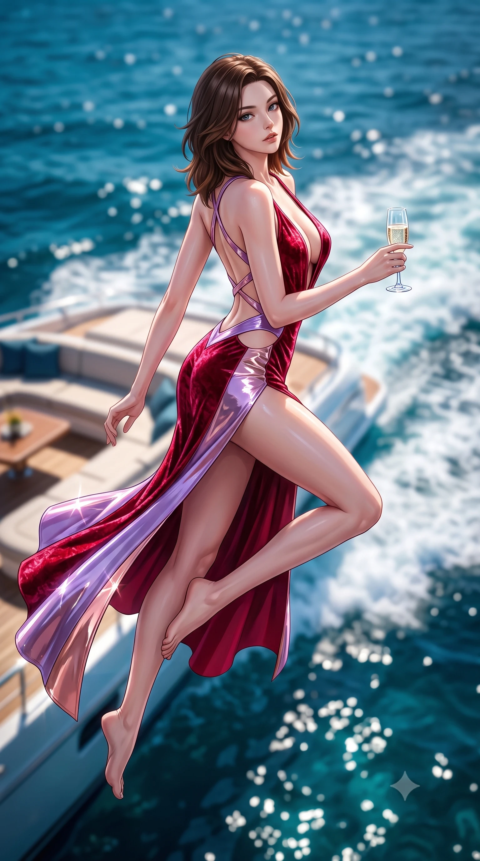 score_9, masterpiece, best quality, ultra-detailed, high-budget anime keyframe, semi-realistic 3D game render, editorial fashion photography, tasteful artistic composition, Korean woman. low angle full-body shot from head to toe showing her feet, filling the entire 9:16 vertical frame with her statuesque presence, stretching her vertical silhouette. leaping through mid-air with an athletic yet alluring arch of her spine, her impossibly long slender legs stretched in flawless poise while stepping gracefully toward the yacht lounge with champagne glass in hand under a cloudless turquoise sky. The composition keeps background elements in soft focus with creamy bokeh. sparkling deep blue Mediterranean sea waves and white yacht wake blurred into rich turquoise bokeh. She has an absolutely perfect, statuesque 8.5-heads proportion, an exceptionally tall and slender model-like female figure with impossibly long slender legs, a toned flat midriff, and an ultra-slim waist. sharp v-shaped jawline, high-bridge nose, intricate jewel-like eyes with depth, thick eyelashes, glossy lips with a natural sheen, flawlessly proportioned anatomical accuracy, strict slender model proportions, natural body alignment, perfectly sculpted long slender limbs, ultra-slim waistline, clean dynamic posture without body distortion. wearing a backless crimson crushed velvet gown with a deep plunging V-neckline, strategic hip cutouts, and an ultra-high thigh slit in luminous lavender violet and rose gold, formed from high-gloss patent material with specular light reflections, complemented by criss-cross back straps highlighting her completely bare spine, the liquid-tight tailored fabric emphasizing every curve of her tall, slender model proportions and sculptured silhouette during dynamic movement. bathed in dazzling midday Mediterranean sunshine and sparkling ocean surface reflections. highly saturated vibrant anime colors, detailed shading with soft gradients, rich glossy textures, high-contrast stereoscopic depth, volumetric dynamic lighting, master piece, 9:16 ratio