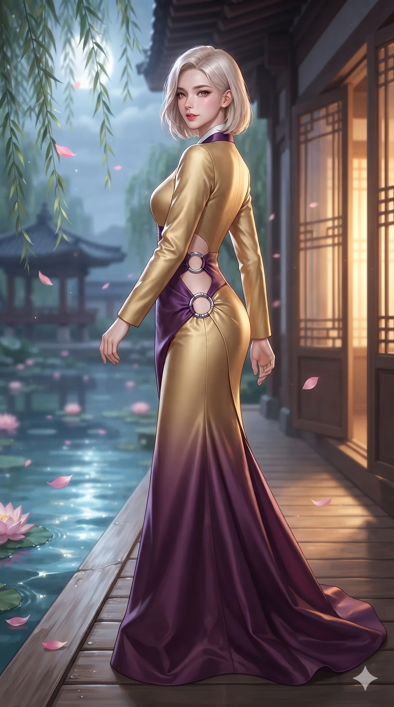 score_9, masterpiece, best quality, ultra-detailed, high-budget anime keyframe, editorial fashion photography, tasteful artistic composition, Korean woman. low angle full-body shot from head to toe showing her feet, filling the entire 9:16 vertical frame with her statuesque presence, stretching her vertical silhouette. walking along the waterfront terrace with poise, looking back over her bare shoulder with an irresistible smoldering bedroom-gaze while twisting her slender torso in an alluring contrapposto stance, shimmering water refractions from the lotus pool dancing across her flat midriff. The background shows a soft-focus swaying weeping willow branches, floating pink lotus petals, and distant garden pavilions blurred into rose, celadon, and slate bokeh. She has an absolutely perfect, statuesque 8.5-heads proportion, an exceptionally tall and slender model-like female figure with impossibly long slender legs, an ultra-slim waist, a flat toned midriff, narrow delicate ribcage, and beautifully sculpted feminine hips creating a graceful, slim hourglass silhouette without any bulky heaviness. sharp v-shaped jawline, high-bridge nose, sparkling eyes with hypnotic seductive depth, thick curled eyelashes, glossy parted lips with a natural dewy peach sheen, alluring bedroom-eyes with an enchanting coquettish smile, exuding magnetic siren charisma and sophisticated glamour, flawlessly proportioned anatomical accuracy, strict slender model proportions, natural body alignment, perfectly sculpted long slender limbs, ultra-slim waistline, clean dynamic posture without body distortion. wearing a tailored silk faille evening gown with traditional curved dongjeong collar and tailored sleeves in imperial gold and royal plum purple, tailored from smooth liquid silk satin with a natural dewy moonlight sheen, accented with sculptural chrome hardware rings framing the subtle cutouts, the bespoke structured tailoring following the natural line of her 8.5-heads silhouette with refined elegance. bathed in soft celestial moonlight combined with warm golden light spilling through open veranda doors. ultra-reflective glossy finish, specular highlights, rich textural contrasts, high-contrast stereoscopic depth, volumetric dynamic lighting, 2k, ultra detail, master piece, 9:16 ratio