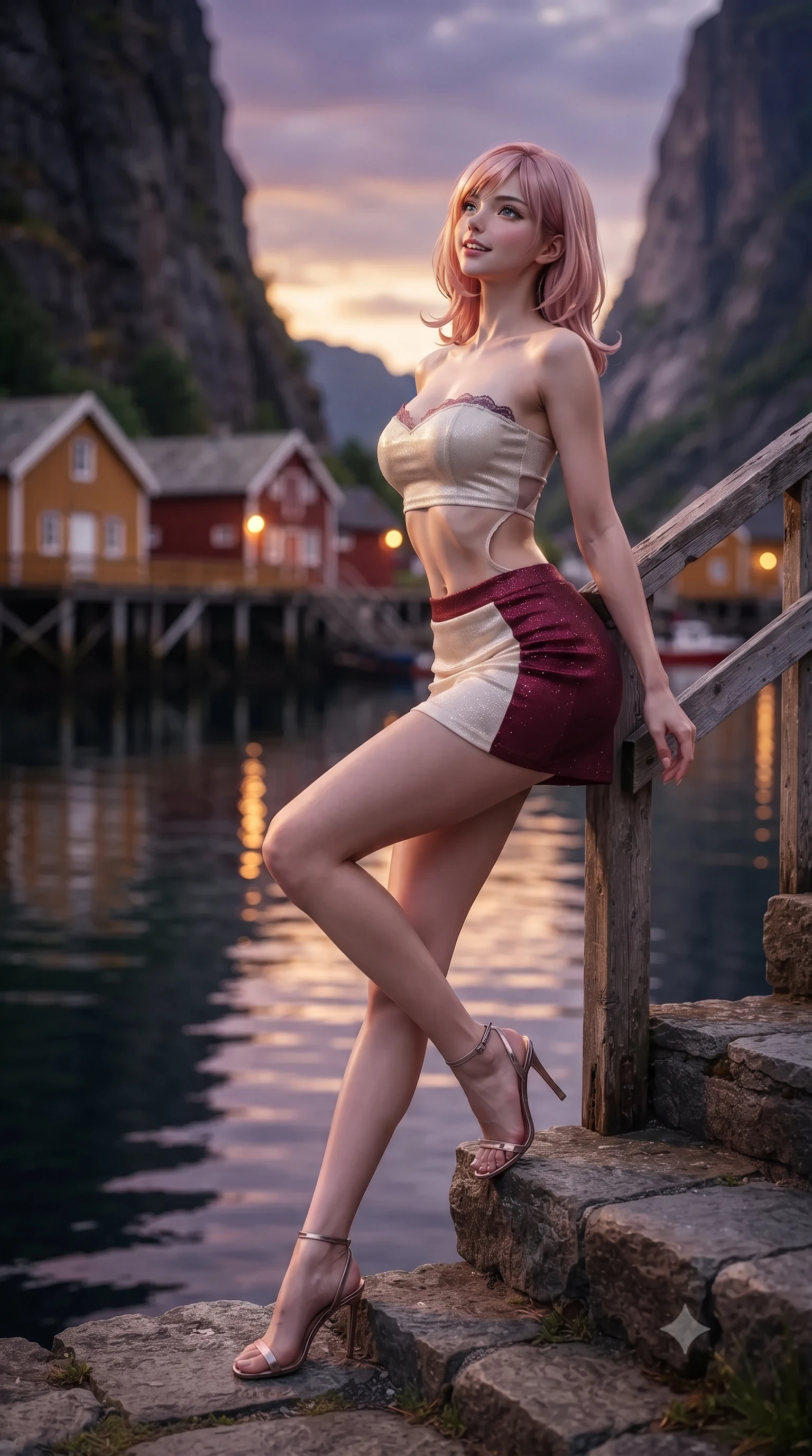 score_9, masterpiece, best quality, ultra-detailed, high-budget anime keyframe, editorial fashion photography, tasteful artistic composition, Japanese woman. low angle full-body shot from head to toe showing her feet, filling the entire 9:16 vertical frame with her statuesque presence, stretching her vertical silhouette. sitting poised on the stone steps with one knee bent, arching her spine with supermodel elegance as she glances upward through thick eyelashes while leaning against the rustic timber railing with hips cocked back, looking up at the 800-meter vertical rock walls sheltering the harbor with smoldering bedroom-eyes. The background shows a soft-focus historic 19th-century ochre wooden cabins on stilts, mirror harbor water reflections, and sheer vertical granite cliffs blurred into ochre, charcoal, and emerald bokeh. She has an exceptionally tall and slender model-like 8.5-heads proportion, an ultra-slim waist, a flat toned midriff, narrow delicate ribcage, and beautifully sculpted feminine hips creating a graceful, slim hourglass silhouette without any bulky heaviness, with impossibly long slender legs. sharp v-shaped jawline, high-bridge nose, intricate jewel-like sparkling eyes with depth, thick eyelashes, glossy parted lips with a natural peach sheen, bright cheerful beaming smile with an enchanting and coquettish sensual glint, exuding both youthful cute charm and seductive allure, flawlessly proportioned anatomical accuracy, strict slender model proportions, natural body alignment, perfectly sculpted long slender limbs, ultra-slim waistline, clean dynamic posture without body distortion. wearing an ultra-cropped fitted bandeau top paired with a micro mini tennis skirt revealing her flat toned midriff in Belvedere ivory pearl and Habsburg bordeaux wine, woven from stretch metallic lurex jersey casting radiant starlight glints across her curves, finished with scalloped eyelash lace trim framing her sweetheart neckline with intimate elegance, the precision-cut side openings and low-back scoop framing her graceful spine and the sensual sweep of her slim, toned hips. illuminated by harbor water reflection fill and sharp amber-platinum rim lights defining her razor-sharp jawline, narrow waist, and curvy hips. ultra-reflective glossy finish, specular highlights, rich textural contrasts, high-contrast stereoscopic depth, volumetric dynamic lighting, 2k, ultra detail, master piece, 9:16 ratio