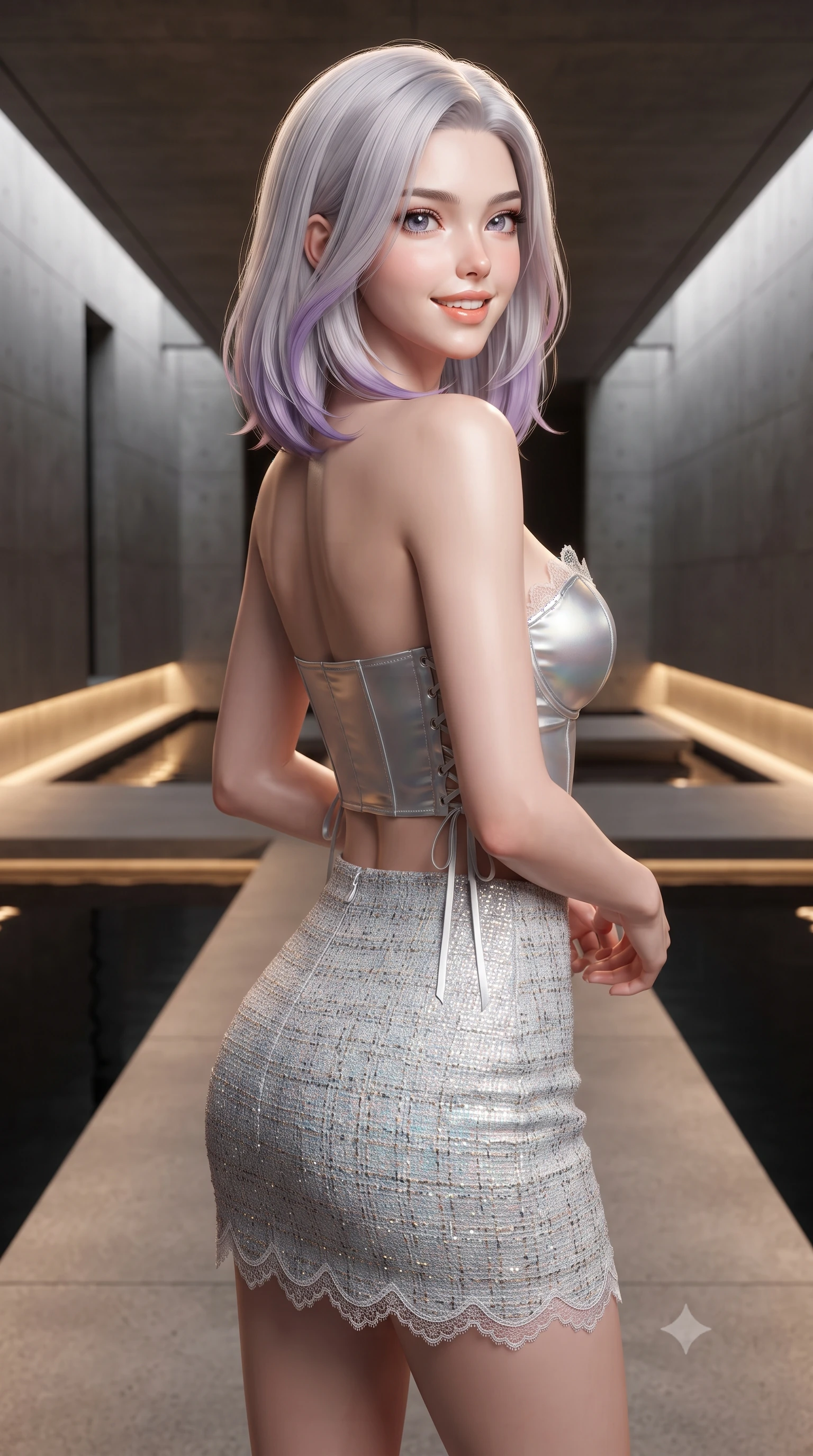 score_9, masterpiece, best quality, ultra-detailed, high-budget anime keyframe, editorial fashion photography, tasteful artistic composition, Caucasian woman. close-up cowboy shot from the waist and thighs up, the character dominates the composition, filling the frame with her large presence. posing in an alluring rear three-quarter angle, looking over a bare shoulder with parted glossy lips, her hips cocked back to highlight her slim hourglass curve while standing poised on the floating concrete walkway spanning the mirror-still black lily pond, arching her lower back with ultra-refined high-fashion poise. The surrounding environment is rendered in vivid detail and crisp panoramic clarity: detailed garment cut, bodycon tailoring, and award-winning contemporary architecture in high resolution. She has an exceptionally elegant, slender, and willowy female figure with an ultra-slim waist, flat toned midriff, narrow ribcage, and sculpted feminine hips creating an alluring, slim hourglass silhouette without bulk. sharp v-shaped jawline, high-bridge nose, intricate jewel-like sparkling eyes with depth, thick eyelashes, glossy parted lips with a natural peach sheen, bright cheerful beaming smile with an enchanting and coquettish sensual glint, exuding both youthful cute charm and seductive allure, flawlessly proportioned anatomical accuracy, strict slender model proportions, natural body alignment, perfectly sculpted long slender limbs, ultra-slim waistline, clean dynamic posture without body distortion. wearing a sculpted satin underwire crop bustier with lace-up side ties paired with a micro skirt in liquid molten silver and iridescent mother-of-pearl, woven from structured British tweed with subtle metallic flecks, finished with scalloped eyelash lace trim framing her sweetheart neckline with intimate elegance, the glove-like clinging cut tightly following the natural contour of her hips and long slender legs with youthful 8.5-heads elegance. bathed in the warm 2700K linear architectural cove lights concealed beneath floating pathways. ultra-reflective glossy finish, specular highlights, rich textural contrasts, high-contrast stereoscopic depth, volumetric dynamic lighting, 2k, ultra detail, master piece, 9:16 ratio