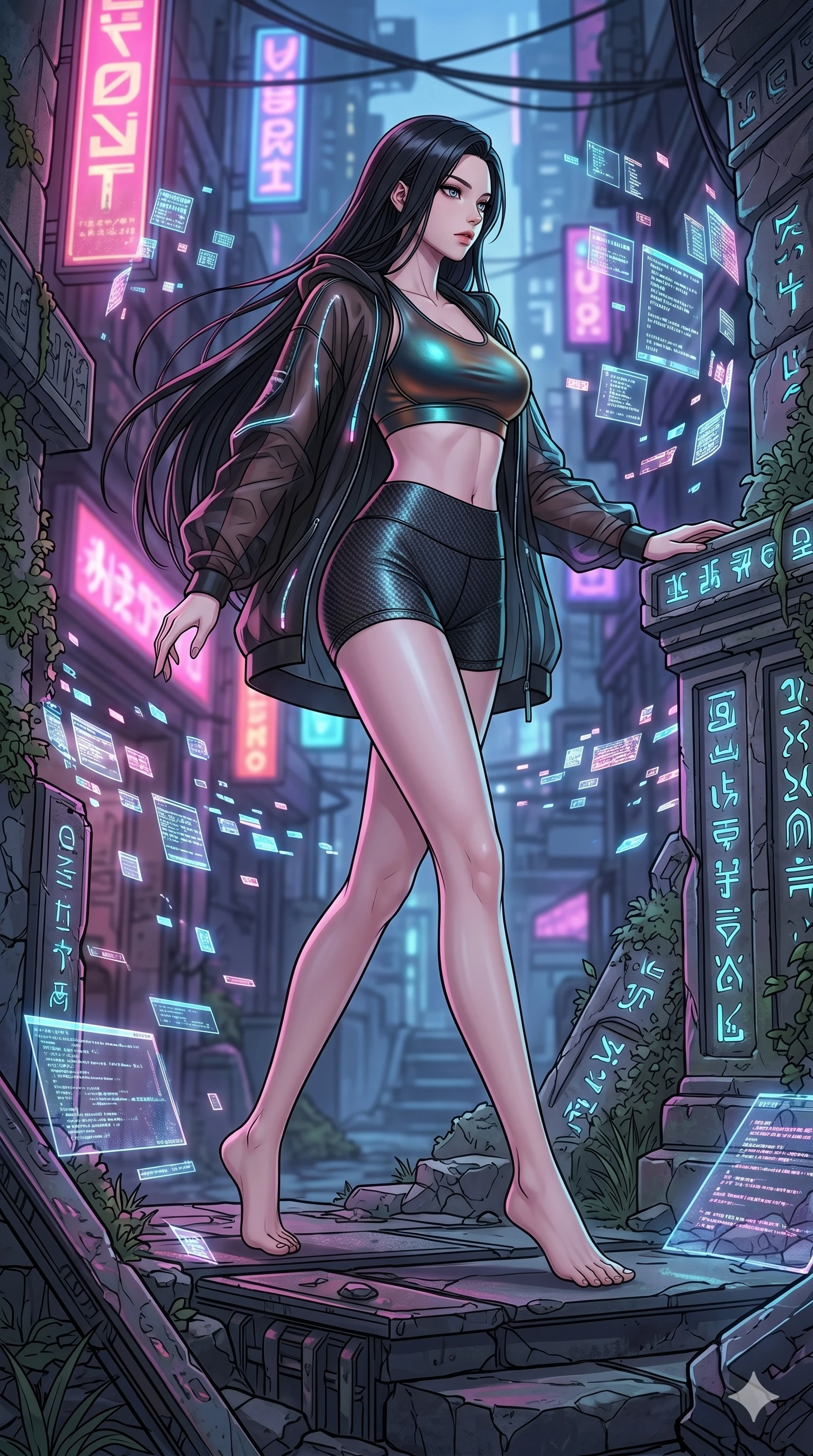 score_9, masterpiece, best quality, ultra-detailed, high-budget anime movie keyframe, cinematic anime lighting, intricate line art, Korean anime girl. Low angle cowboy shot filling the entire 9:16 frame with her statuesque presence. exploring lost ruins in a neon-lit cyberpunk alleyway surrounded by floating data-shards. She has an absolutely perfect 8-heads proportion, an exceptionally tall and slender female figure with an ultra-slim waist and impossibly long slender legs. sharp v-shaped jawline, high-bridge nose, intricate jewel-like eyes, thick eyelashes, glossy lips. Wearing premium athleisure set with a metallic-finish compression top, high-cut yoga shorts that accentuate her long legs, and a sheer oversized hoodie. The scene is illuminated by dramatic atmospheric lighting and vibrant color palettes. 2k, ultra detail, master piece, 9:16 ratio