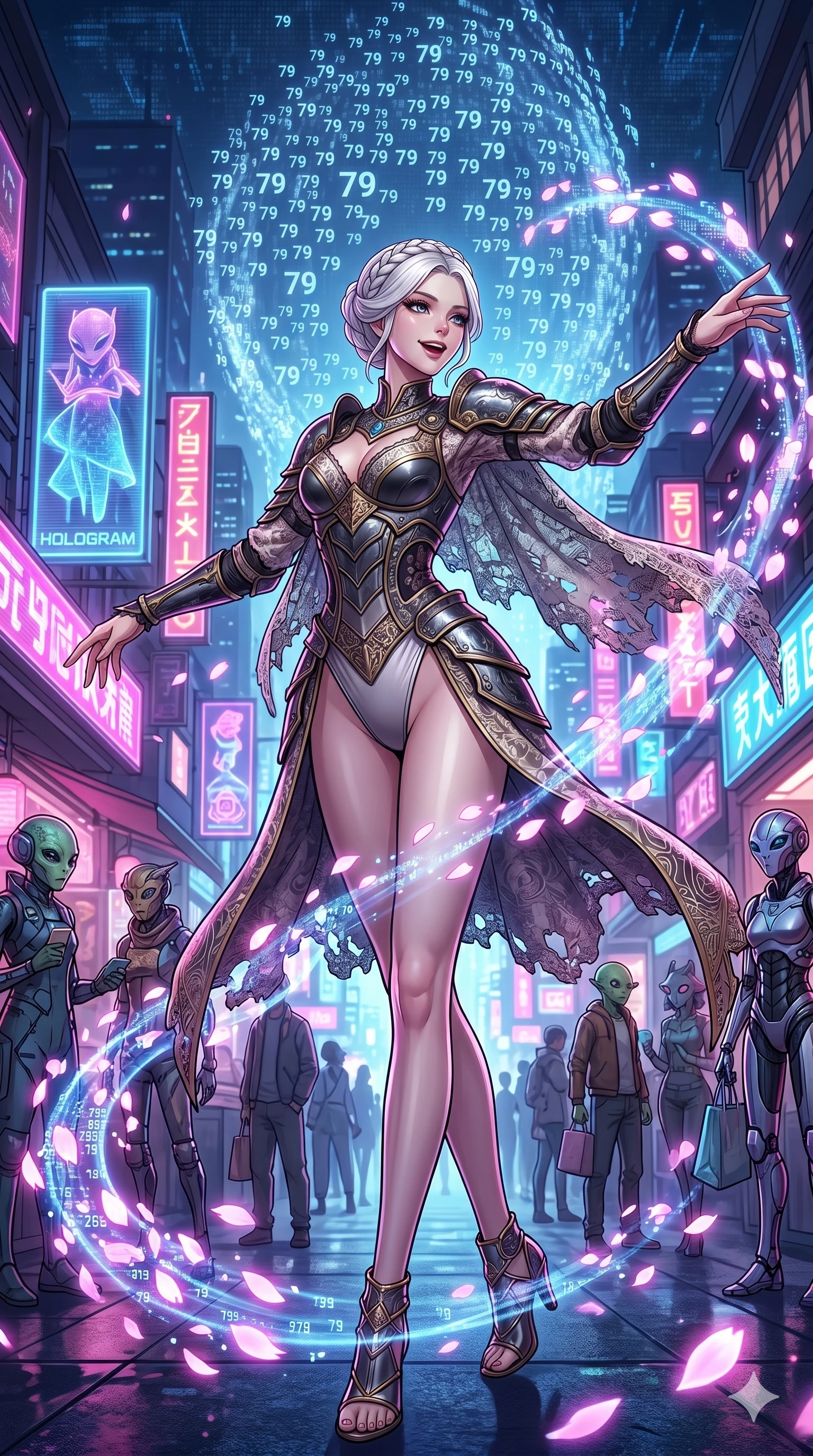 score_9, masterpiece, best quality, ultra-detailed, Set A: High-budget Anime Keyframe, Japanese woman. Upper body close-up from the thighs up, character filling the screen for maximum presence. Dancing through a futuristic night market, while a digital blizzard of 79 bits obscures the horizon and surrounded by digital sakura petals. She has an absolutely perfect 8-heads proportion, an exceptionally tall and slender female figure with impossibly long slender legs and an ultra-slim waist. Sharp v-shaped jawline, high-bridge nose, intricate jewel-like eyes with depth, thick eyelashes, glossy lips with a natural sheen. Wearing Warrior-style plate armor over a high-cut silk leotard with tattered lace capes. Cinematic lighting, vibrant colors, dramatic shadows, 2k, ultra detail, master piece, 9:16 ratio