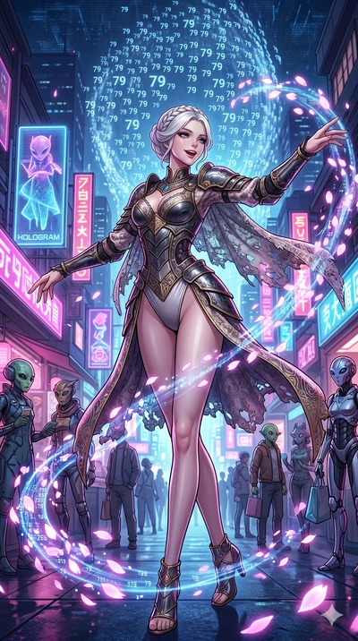 score_9, masterpiece, best quality, ultra-detailed, Set A: High-budget Anime Keyframe, Japanese woman. Upper body close-up from the thighs up, character filling the screen for maximum presence. Dancing through a futuristic night market, while a digit