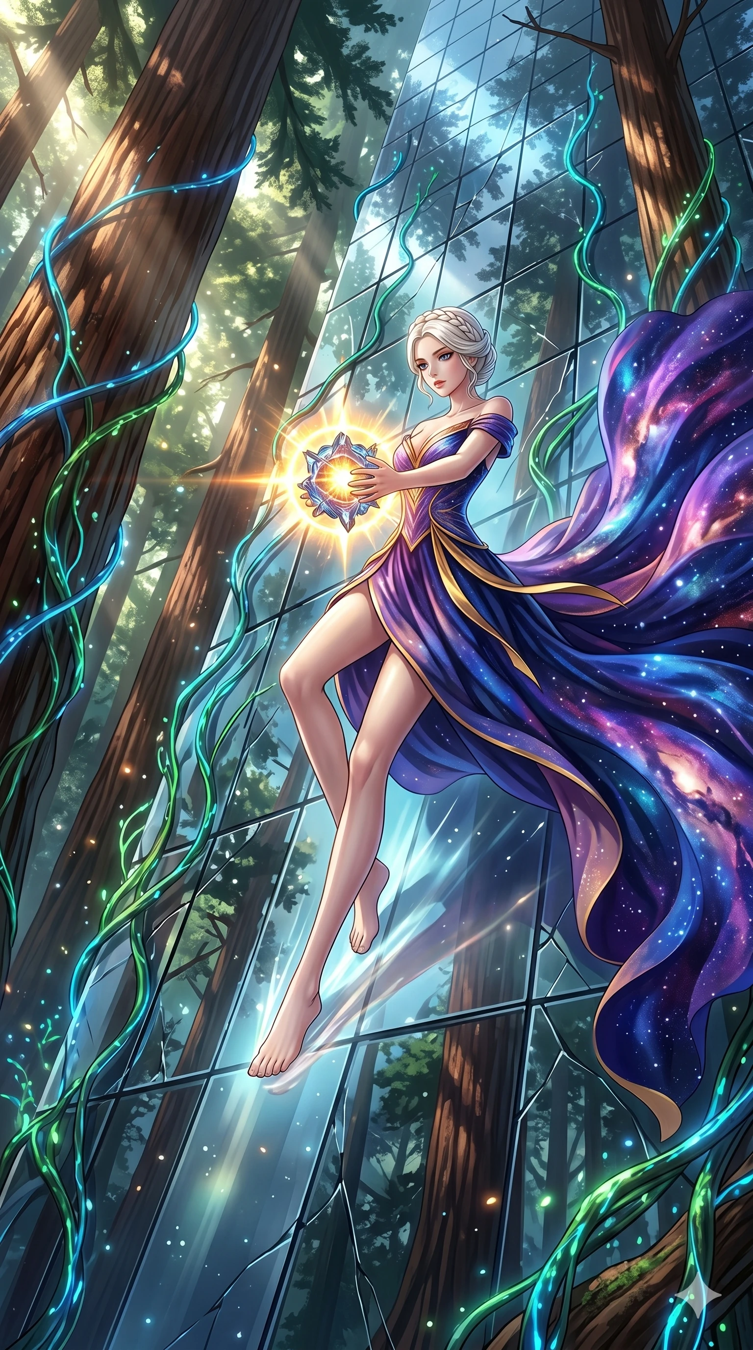 score_9, masterpiece, best quality, ultra-detailed, Set A: High-budget Anime Keyframe, Korean woman. Low angle cowboy shot filling the entire 9:16 frame with her statuesque presence. Theme: Primal Nature. sliding down a glass skyscraper in a giant redwood forest with glowing vines, holding a glowing core that hums with the power of 2 suns. The atmosphere is filled with cinematic sunlight through leaves. She has an absolutely perfect 8-heads proportion, an exceptionally tall and slender female figure with impossibly long slender legs and an ultra-slim waist. Sharp v-shaped jawline, high-bridge nose, intricate jewel-like eyes with depth, glossy lips. Wearing Ethereal star-gazer gown with a massive flowing train that looks like a nebula. Cinematic lighting, vivid colors, dramatic shadows, 2k, ultra detail, master piece, 9:16 ratio