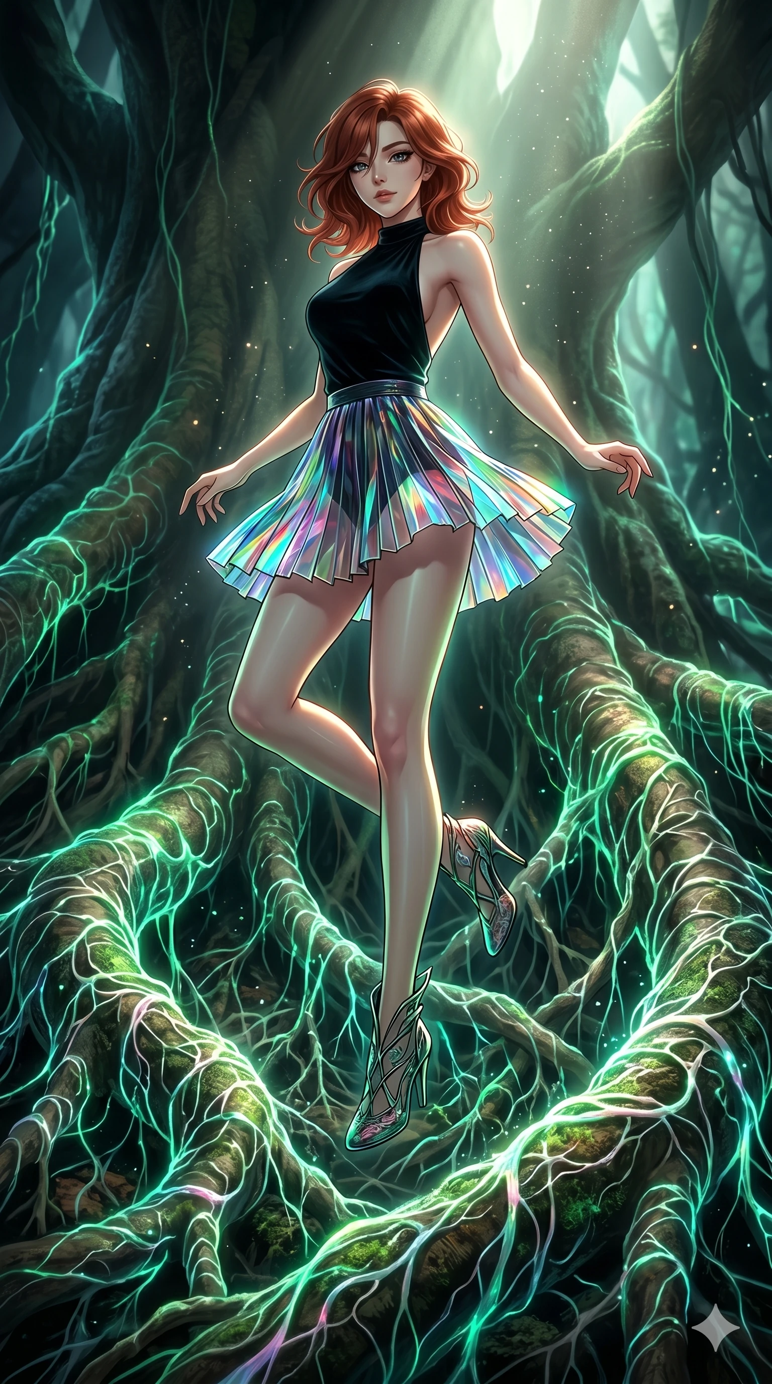 score_9, masterpiece, best quality, ultra-detailed, high-budget anime keyframe, Korean woman. low angle full-body shot filling the entire 9:16 frame with her statuesque presence, stretching the vertical silhouette. jumping amidst giant ancient tree roots wrapped in trillions of glowing mycelium threads pulsing with emerald and opal light. She has an absolutely perfect 8-heads proportion, an exceptionally tall and slender female figure with impossibly long slender legs and an ultra-slim waist. V-shaped jawline, high-bridge nose, intricate jewel-like eyes with depth, thick eyelashes, glossy lips with a natural sheen.. wearing a fractal glass pleated skirt and a backless black velvet halter neck top, creating a dramatic and elegant silhouette. illuminated by dramatic chiaroscuro casting soft shadows along her curves, with vibrant backlighting highlighting the dust particles. 2k, ultra detail, master piece, 9:16 ratio