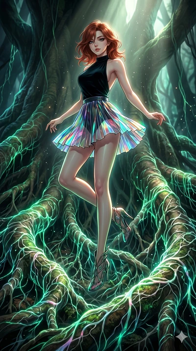 score_9, masterpiece, best quality, ultra-detailed, high-budget anime keyframe, Korean woman. low angle full-body shot filling the entire 9:16 frame with her statuesque presence, stretching the vertical silhouette. jumping amidst giant ancient tree r