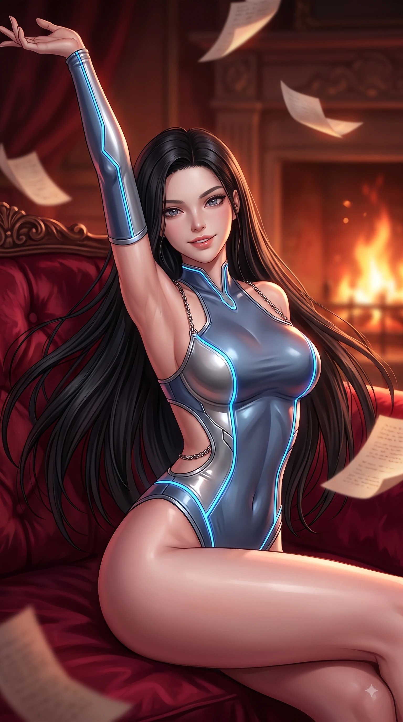 score_9, masterpiece, best quality, ultra-detailed, high-budget anime keyframe, editorial fashion photography, tasteful artistic composition, Korean woman. close-up cowboy shot from the waist and thighs up, the character dominates the composition, filling the frame with her large presence, background elements kept in soft focus. Extending one arm in an elegant stretch toward the light while smiling with magnetic self-assurance while lounging on an antique silk velvet sofa as floating parchment pages hover gently around her, warm hearth flames casting deep crimson and amber chiaroscuro lighting on her form. She has an exceptionally elegant, slender, and willowy female figure with an ultra-slim waist, a gracefully sculpted slender torso, and a refined silhouette. sharp v-shaped jawline, high-bridge nose, intricate jewel-like eyes with depth, thick eyelashes, glossy lips with a natural sheen, flawlessly proportioned anatomical accuracy, natural body alignment, perfectly sculpted elegant limbs, clean dynamic posture without body distortion. wearing a skin-tight cybernetic bodysuit with glowing neon seams and side cutouts in slate blue and metallic silver, formed from sleek second-skin neoprene, adorned with delicate metallic chain straps along the neckline, the sleek second-skin texture accentuating her magnetic presence. bathed in rich amber candlelight and warm golden hearth flame backlighting. ultra-reflective glossy finish, specular highlights, metallic sheen, high-contrast stereoscopic depth, volumetric dynamic lighting, 2k, ultra detail, master piece, 9:16 ratio
