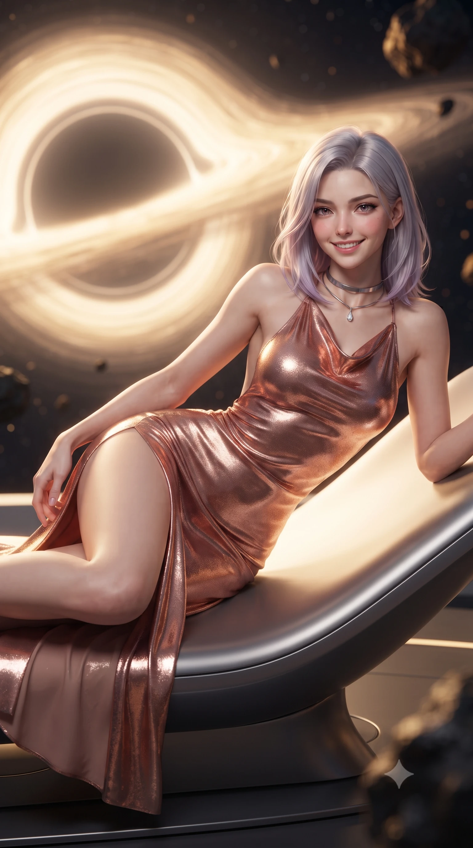 score_9, masterpiece, best quality, ultra-detailed, high-budget anime keyframe, editorial fashion photography, tasteful artistic composition, Caucasian woman. close-up cowboy shot from the waist and thighs up, the character dominates the composition, filling the frame with her large presence. perched sideways on the lounge seat, one knee drawn up to showcase her slender leg line while her arched back accentuates her feminine hip curve while lounging gracefully across the titanium observation daybed propped on one elbow with legs extended, displaying her long slender limbs and statuesque hourglass silhouette against the bent space matrix. The background shows a soft-focus swirling golden accretion disk of micro-black hole, curving gravitational lensing photon rings, and dark asteroid rock blurred into gold, amber, and jet-black bokeh. She has an exceptionally elegant, slender, and willowy female figure with an ultra-slim waist, flat toned midriff, narrow ribcage, and sculpted feminine hips creating an alluring, slim hourglass silhouette without bulk. sharp v-shaped jawline, high-bridge nose, intricate jewel-like sparkling eyes with depth, thick eyelashes, glossy parted lips with a natural peach sheen, bright cheerful beaming smile with an enchanting and coquettish sensual glint, exuding both youthful cute charm and seductive allure, flawlessly proportioned anatomical accuracy, strict slender model proportions, natural body alignment, perfectly sculpted long slender limbs, ultra-slim waistline, clean dynamic posture without body distortion. wearing a form-contouring gossamer silk chiffon combat slip dress with a hip-high slit and open cowl back clinging with dewy moisture in high-gloss rose-gold and burnished copper, crafted from stretch micro-mesh with liquid foil coating that shimmers with every movement, finished with a minimalist chrome choker and a single teardrop diamond pendant, the impeccably tailored cut draping gracefully along her slender figure with aristocratic poise. bathed in the blinding golden synchrotron radiation of the singularity contrasted with deep obsidian shadow gradients. ultra-reflective glossy finish, specular highlights, rich textural contrasts, high-contrast stereoscopic depth, volumetric dynamic lighting, 2k, ultra detail, master piece, 9:16 ratio