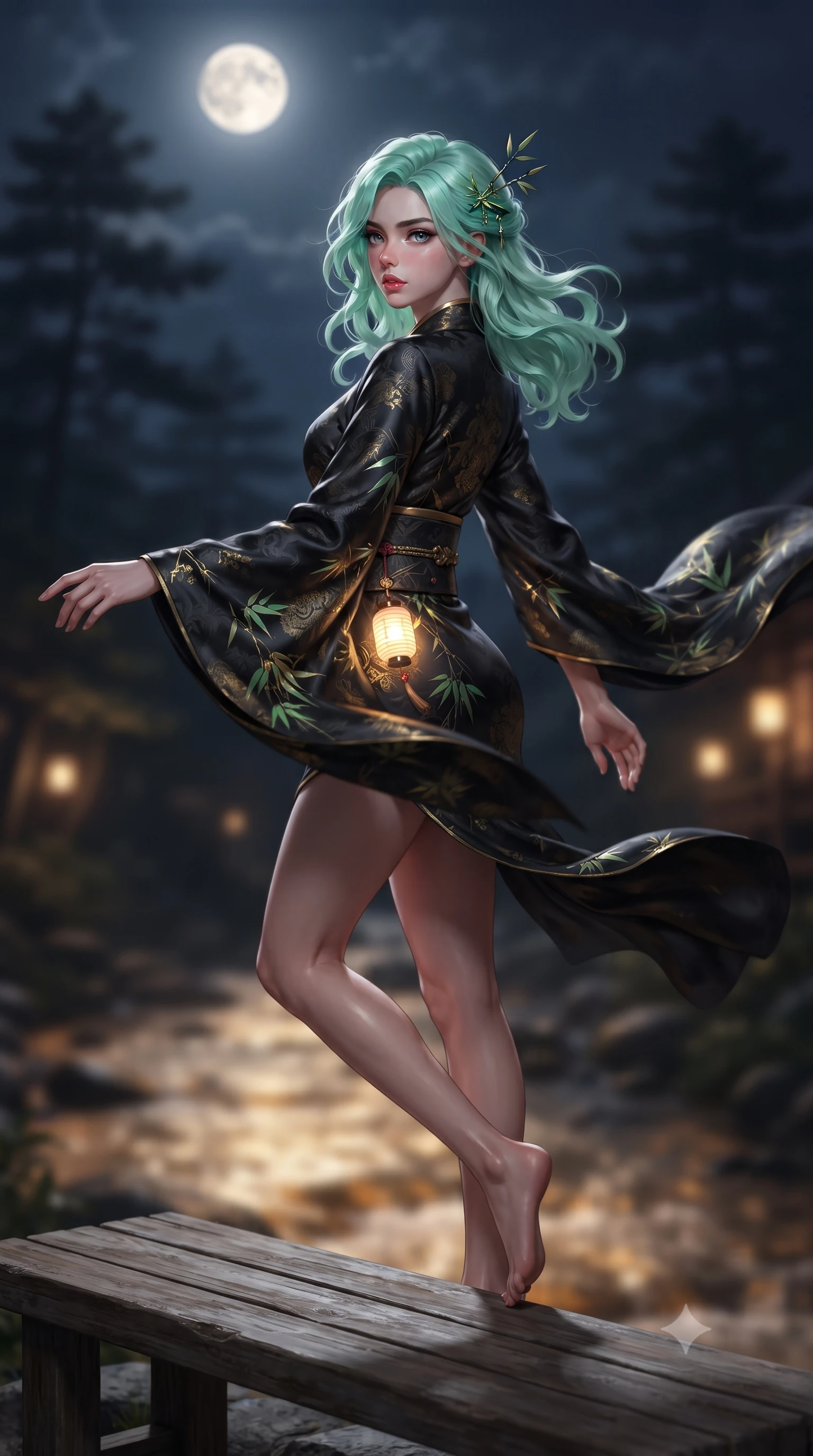 score_9, masterpiece, best quality, ultra-detailed, high-budget anime keyframe, editorial fashion photography, tasteful artistic composition, Japanese woman. low angle full-body shot from head to toe showing her feet, filling the entire 9:16 vertical frame with her statuesque presence, stretching her vertical silhouette. executing an elegant mid-motion pivot turn as garments swirl around her slender limbs, glancing over her shoulder with an intoxicating bedroom-gaze while reclining on the cedar bench with legs extended toward the warm water, head tilted back toward the full moon with smoldering bedroom-eyes. The composition keeps background elements in soft focus with creamy bokeh. distant Katsura river waters and dark pine silhouettes softened in dreamy nocturnal shallow focus. She has an absolutely perfect, statuesque 8.5-heads proportion, an exceptionally tall and slender model-like female figure with impossibly long slender legs, a toned flat midriff, an ultra-slim waist, and beautifully sculpted feminine hips. sharp v-shaped jawline, high-bridge nose, intricate jewel-like eyes with depth, thick eyelashes, glossy parted lips with a natural sheen, intensely captivating and seductive bedroom-eyes expression, flawlessly proportioned anatomical accuracy, strict slender model proportions, natural body alignment, perfectly sculpted long slender limbs, ultra-slim waistline, clean dynamic posture without body distortion. wearing a traditional-modern silk fusion wrap dress with asymmetric trailing sleeves and waist-cinching obi in pitch black silk with neon bamboo leaf accents, woven from lightweight fluid silk brocade with woven gold thread, complemented by delicate bamboo leaf hairpins and glowing paper lantern charms, the form-contouring material adhering flawlessly to her sculpted flat midriff and slender torso, emphasizing her long leg lines and perfectly proportioned willowy build. surrounded by a tranquil, poetic, and deeply sensual Japanese ryokan muse aura. ultra-reflective glossy finish, specular highlights, rich textural contrasts, high-contrast stereoscopic depth, volumetric dynamic lighting, 2k, ultra detail, master piece, 9:16 ratio