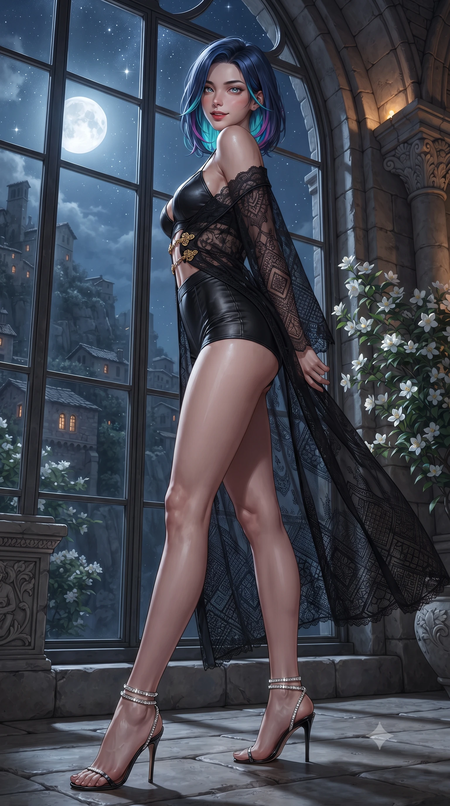 score_9, masterpiece, best quality, ultra-detailed, high-budget anime keyframe, editorial fashion photography, tasteful artistic composition, Caucasian woman. low angle full-body shot from head to toe showing her feet, filling the entire 9:16 vertical frame with her statuesque presence, stretching her vertical silhouette. stepping slowly toward the camera with hypnotic grace, hips swaying in an alluring sensual rhythm that accentuates her curvy hourglass silhouette and long slender legs while standing poised on the polished terrazzo patio beside the iconic butterfly-roof glass pavilion, arching her lower back as desert sunset transitions into star-filled twilight. The background shows a soft-focus vintage mid-century breeze-block wall shadows softened in iconic Palm Springs modernist shallow focus. She has an exceptionally tall and slender model-like 8.5-heads proportion, an ultra-slim waist, a flat toned midriff, narrow delicate ribcage, and beautifully sculpted feminine hips creating a graceful, slim hourglass silhouette without any bulky heaviness, with impossibly long slender legs. sharp v-shaped jawline, high-bridge nose, intricate jewel-like sparkling eyes with depth, thick eyelashes, glossy parted lips with a natural peach sheen, bright cheerful beaming smile with an enchanting and coquettish sensual glint, exuding both youthful cute charm and seductive allure, flawlessly proportioned anatomical accuracy, strict slender model proportions, natural body alignment, perfectly sculpted long slender limbs, ultra-slim waistline, clean dynamic posture without body distortion. wearing a sculpted satin underwire crop bustier with lace-up side ties paired with a micro skirt in Viennese golden secession noir and imperial 24k gold leaf, made of fluid liquid jersey with seamless sculpting hold and smooth contours, complemented by strappy stiletto sandals with crystal ankle wraps accentuating her slender calves, the impeccably tailored cut draping gracefully along her slender figure with aristocratic poise. bathed in saturated 2900K sunset-coral twilight transitioning into electric twilight blue. ultra-reflective glossy finish, specular highlights, rich textural contrasts, high-contrast stereoscopic depth, volumetric dynamic lighting, 2k, ultra detail, master piece, 9:16 ratio