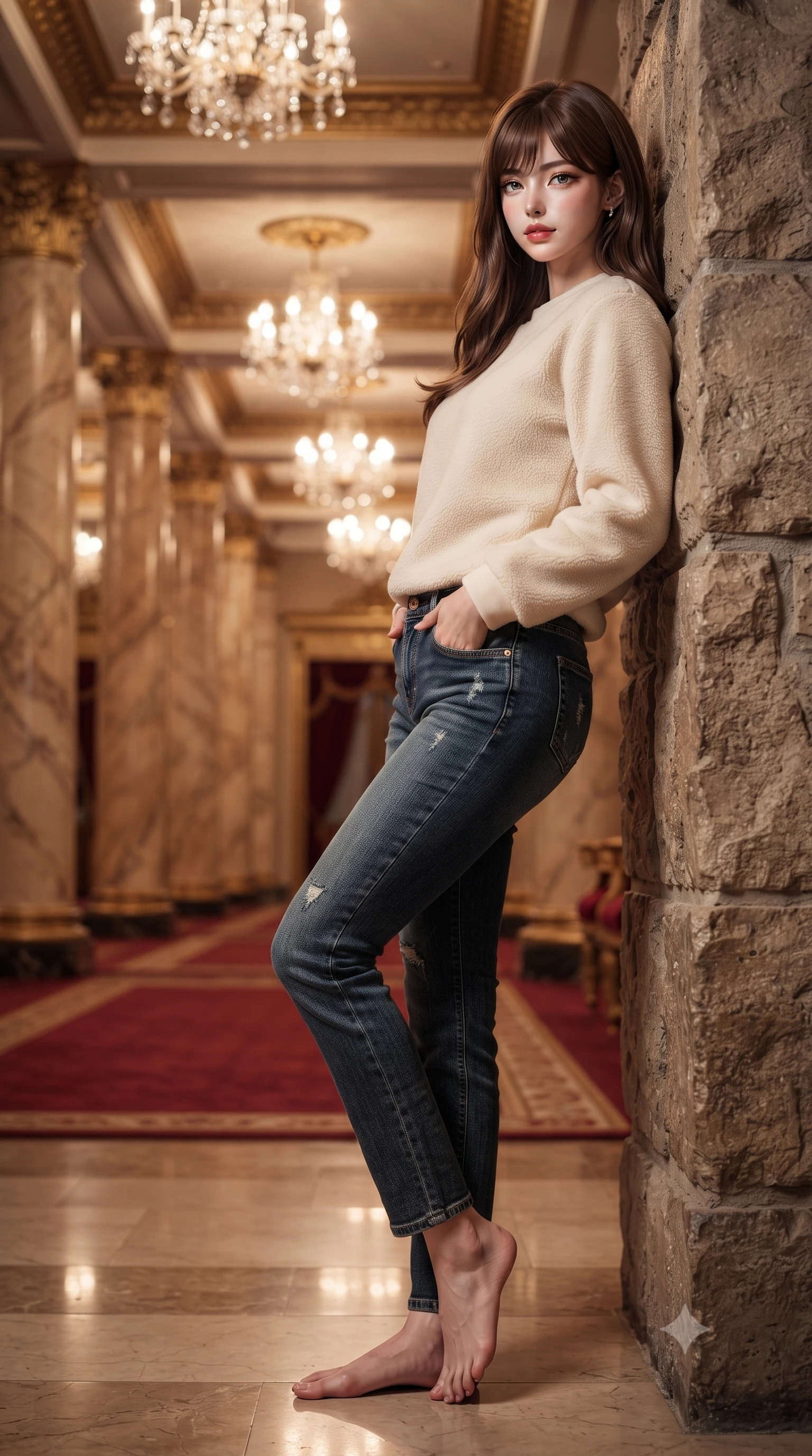 score_9, masterpiece, best quality, ultra-detailed, high-budget anime keyframe, editorial fashion photography, tasteful artistic composition, Korean woman. low angle full-body shot from head to toe showing her feet, filling the entire 9:16 vertical frame with her statuesque presence, stretching her vertical silhouette. leaning back against a rustic stone wall, casting a slow, alluring gaze at the camera the background shows a soft-focus a grand theater corridor with marble columns and red carpets under crystal chandeliers. She has an absolutely perfect, statuesque 8.5-heads proportion, an exceptionally tall and slender model-like female figure with impossibly long slender legs and an ultra-slim waist. sharp v-shaped jawline, high-bridge nose, intricate jewel-like eyes with depth, thick eyelashes, glossy lips with a natural sheen. wearing a tailored comfortable cream fleece sweater over blue denim jeans. multiple warm ambient lights reflecting off the polished marble surfaces. ultra-reflective glossy finish, specular highlights, metallic sheen, high-contrast stereoscopic depth, volumetric dynamic lighting, 2k, ultra detail, master piece, 9:16 ratio