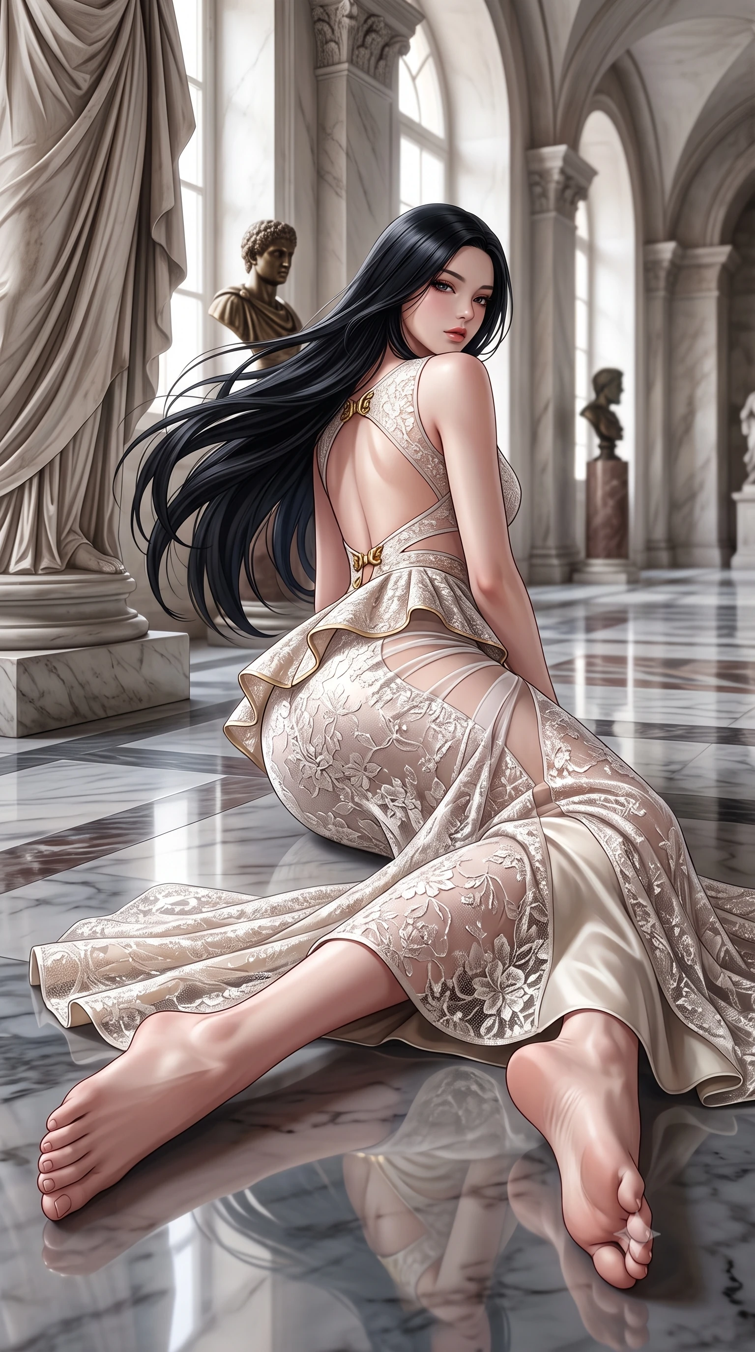score_9, masterpiece, best quality, ultra-detailed, high-budget anime keyframe, semi-realistic 3D game render, editorial fashion photography, tasteful artistic composition, Korean woman. low angle full-body shot from head to toe showing her feet, filling the entire 9:16 vertical frame with her statuesque presence, stretching her vertical silhouette. posing with back turned slightly to the lens, glancing back with smoldering allure as she arches her lower back to emphasize her sculpted feminine hips and slender waist while lying languidly on the polished marble studio floor, legs extended in an alluring dancer line as north light pours over her form. The surrounding environment is rendered in vivid detail and crisp panoramic clarity. sharp carved marble drapery folds, chisel mark textures, and polished stone floor reflections in deep focus. She has an absolutely perfect, statuesque 8.5-heads proportion, an exceptionally tall and slender model-like female figure with impossibly long slender legs, a toned flat midriff, an ultra-slim waist, and beautifully sculpted feminine hips. sharp v-shaped jawline, high-bridge nose, intricate jewel-like eyes with depth, thick eyelashes, glossy parted lips with a natural sheen, intensely captivating and seductive bedroom-eyes expression, flawlessly proportioned anatomical accuracy, strict slender model proportions, natural body alignment, perfectly sculpted long slender limbs, ultra-slim waistline, clean dynamic posture without body distortion. wearing a structural geometric peplum gown with sheer side-ribbon cutouts and form-fitting skirt in alabaster ivory and antique bronze, formed from shimmering floral lace over smooth opaque silk lining, finished with a dramatic open back secured by sculpted gold clasps, the glove-like aerodynamic silhouette tightly following the natural contour of her hips and long slender legs with statuesque precision. surrounded by a divine, timeless, and breathtakingly majestic living sculpture goddess aura. highly saturated vibrant anime colors, detailed shading with soft gradients, rich glossy textures, high-contrast stereoscopic depth, volumetric dynamic lighting, master piece, 9:16 ratio