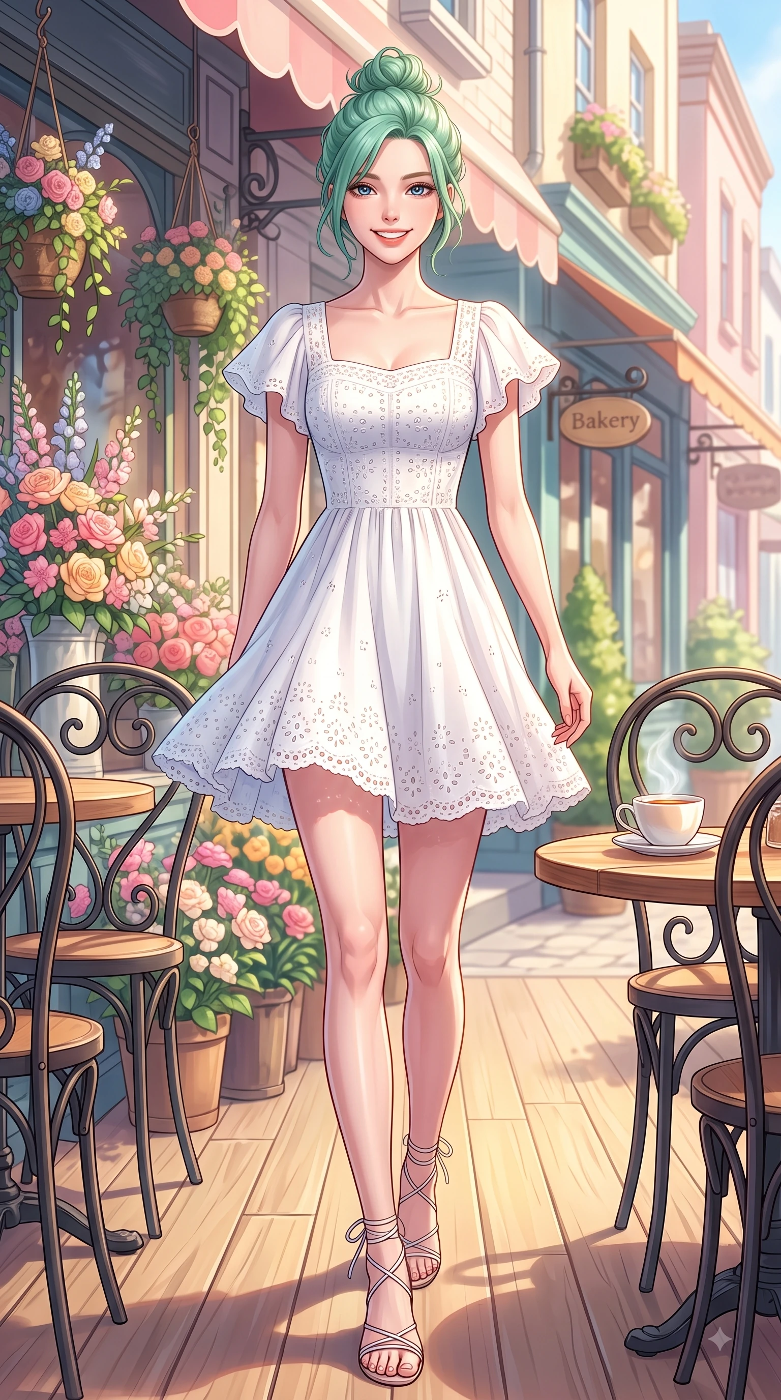 score_9, masterpiece, best quality, ultra-detailed, high-budget anime keyframe, editorial fashion photography, tasteful artistic composition, Japanese woman. low angle full-body shot from head to toe showing her feet, filling the entire 9:16 vertical frame with her statuesque presence, stretching her vertical silhouette. walking forward in a proud dynamic stride with a cheerful beaming smile, her vertical silhouette filling the frame while sitting gracefully at a sunlit wooden terrace table of a cozy bakery with a steaming cup of tea. The surrounding environment is rendered in vivid detail and crisp panoramic clarity. intricate floral shop displays, wrought-iron cafe chairs, and crisp architectural details rendered in vivid clarity. She has an absolutely perfect, statuesque 8.5-heads proportion, an exceptionally tall and slender model-like female figure with impossibly long slender legs and an ultra-slim waist. sharp v-shaped jawline, high-bridge nose, intricate jewel-like eyes with depth, thick eyelashes, glossy lips with a natural sheen, flawlessly proportioned anatomical accuracy, natural body alignment, perfectly sculpted elegant limbs, clean dynamic posture without body distortion. wearing an airy white eyelet lace sundress with a woven straw hat motif in sunny daffodil yellow and clear sky blue, made of fine lightweight chiffon that flutters gently in the breeze, featuring elegant flutter sleeves and a graceful square neckline, the soft airy drape swaying gracefully with her dynamic movements. bathed in brilliant morning sunshine and warm pastel flower shop ambient glow. highly saturated vibrant anime colors, detailed shading with soft gradients, rich glossy textures, high-contrast stereoscopic depth, volumetric dynamic lighting, master piece, 9:16 ratio