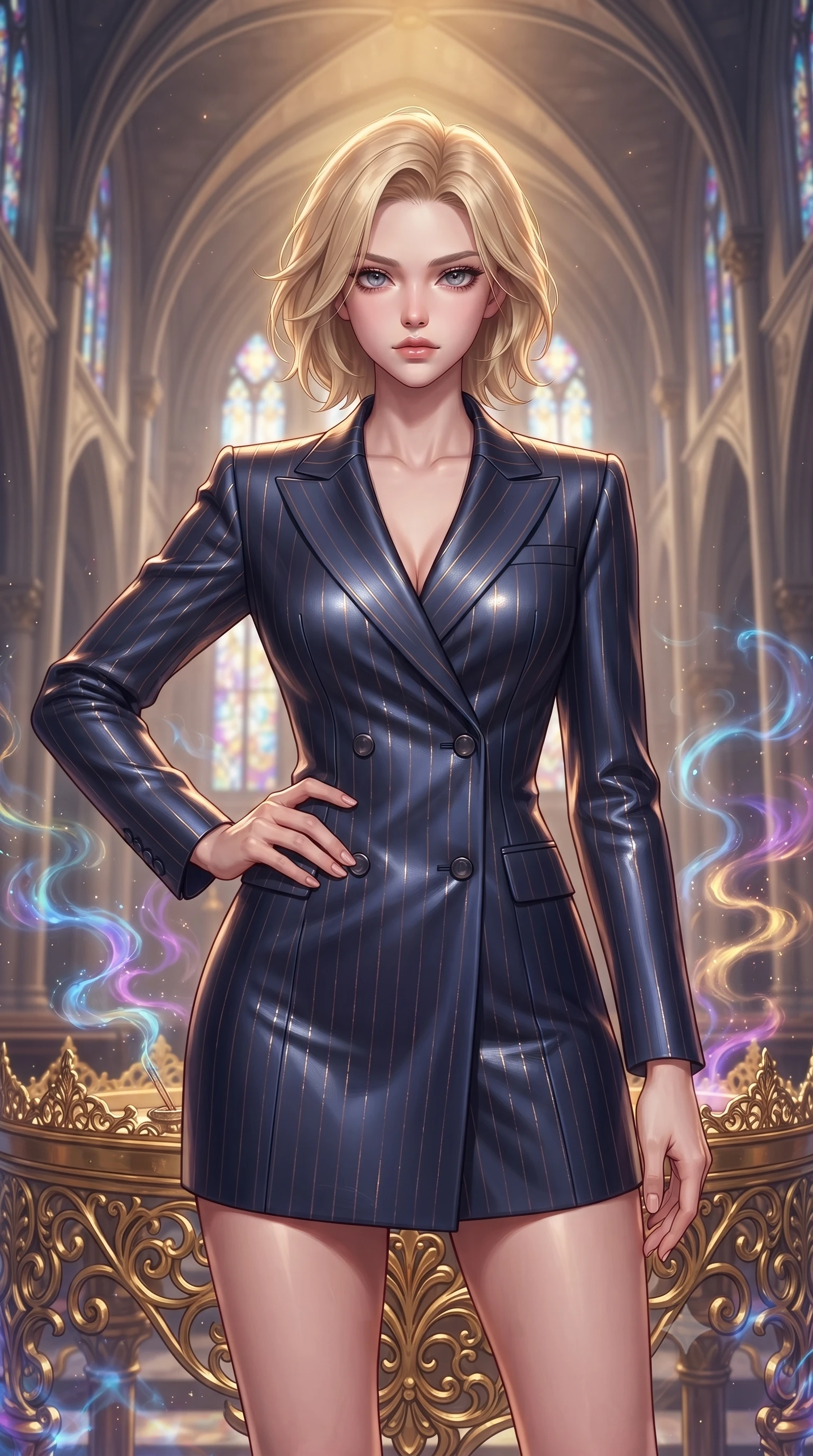 score_9, masterpiece, best quality, ultra-detailed, high-budget anime keyframe, editorial fashion photography, tasteful artistic composition, Caucasian woman. close-up cowboy shot from the waist and thighs up, the character dominates the composition, filling the frame with her large presence, background elements kept in soft focus. Holding a confident power pose with one hand on her hip, gazing directly into the camera with quiet intensity poised on a golden filigree altar surrounded by glowing incense vapors, majestic vaulted ceilings rising high into a luminous atmosphere. She has an exceptionally elegant, slender, and willowy female figure with an ultra-slim waist, a gracefully sculpted slender torso, and a refined silhouette. sharp v-shaped jawline, high-bridge nose, intricate jewel-like eyes with depth, thick eyelashes, glossy lips with a natural sheen. wearing a tailored double-breasted blazer dress in navy with subtle metallic pin-stripes, the elegant draped fit framing her graceful clavicle and slender torso. illuminated by a warm golden key light and brilliant multi-color rim light. ultra-reflective glossy finish, specular highlights, metallic sheen, high-contrast stereoscopic depth, volumetric dynamic lighting, 2k, ultra detail, master piece, 9:16 ratio